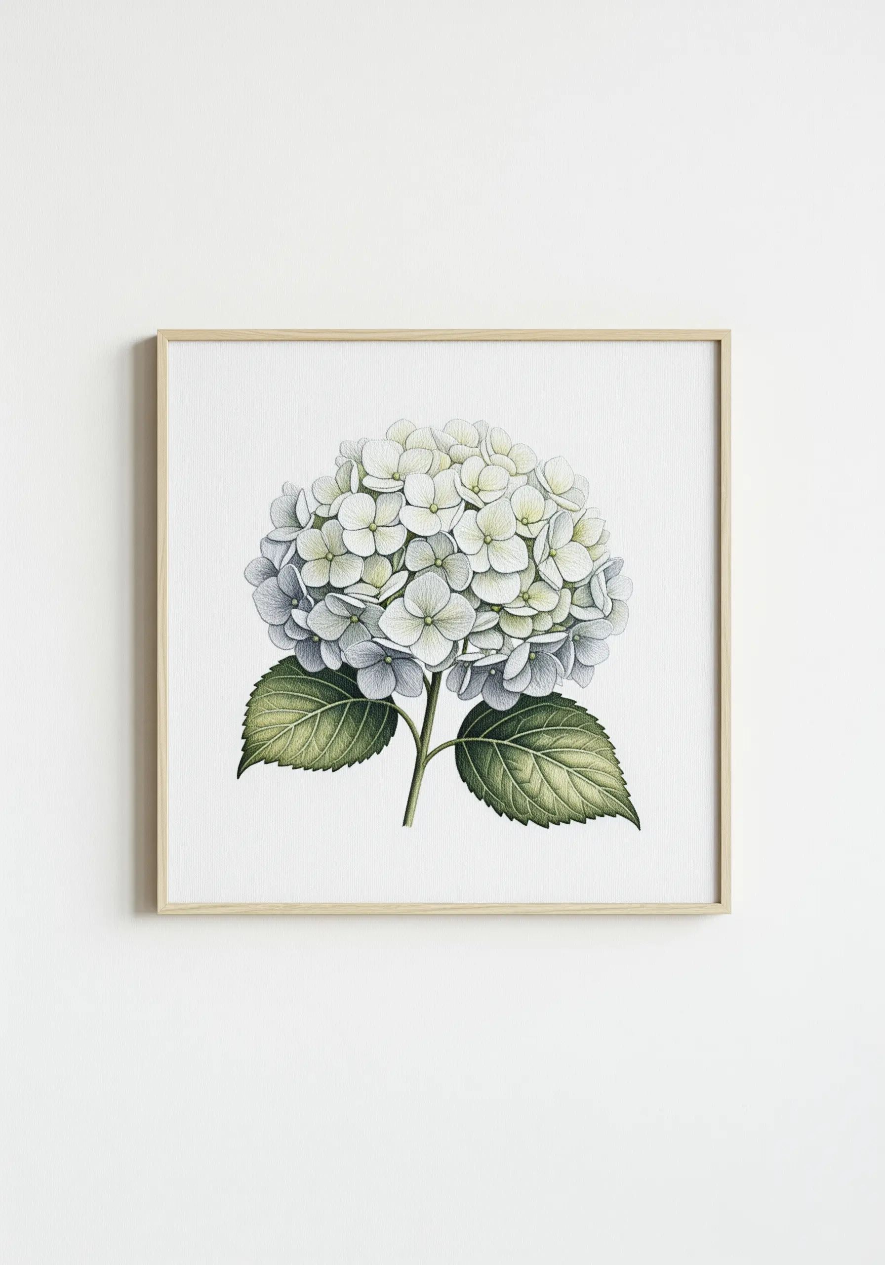 Framed embroidery of a white and pale green hydrangea with detailed leaves.