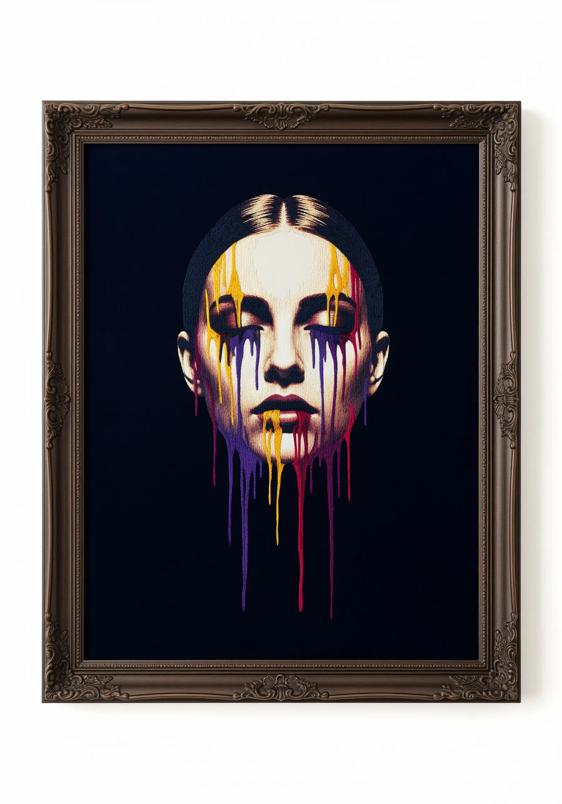 Thread-painted portrait with vibrant yellow, purple, and red threads dripping down the face.
