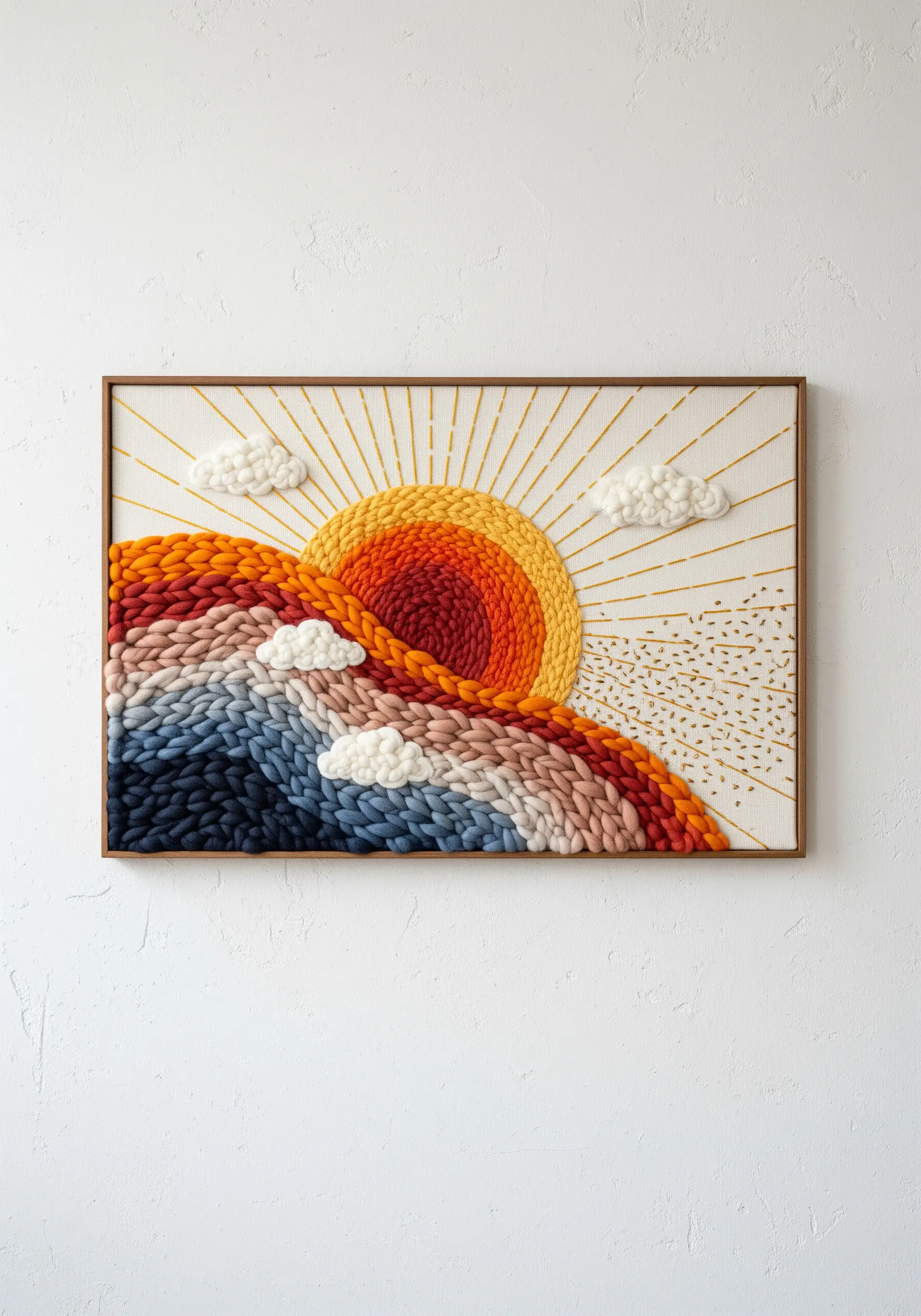 Mixed-media fiber art of a sunrise, featuring punch needle hills and embroidered sun rays.