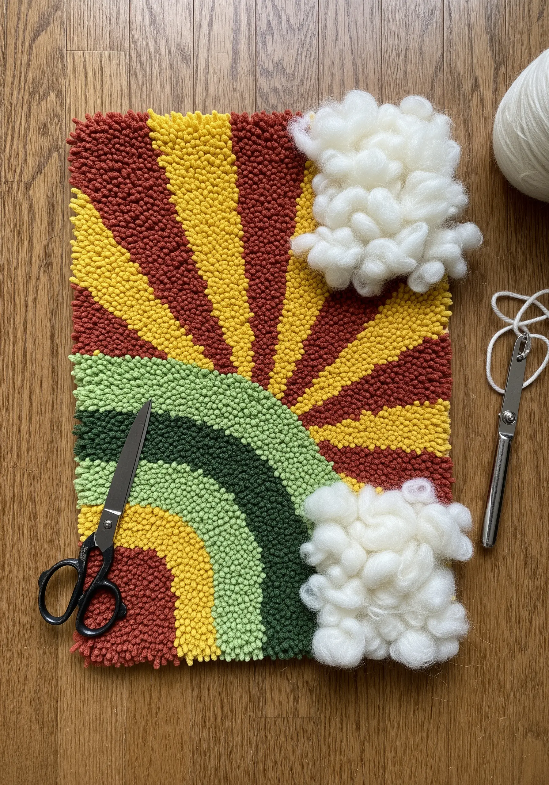 A punch needle piece with a retro rainbow design and fluffy white roving clouds.