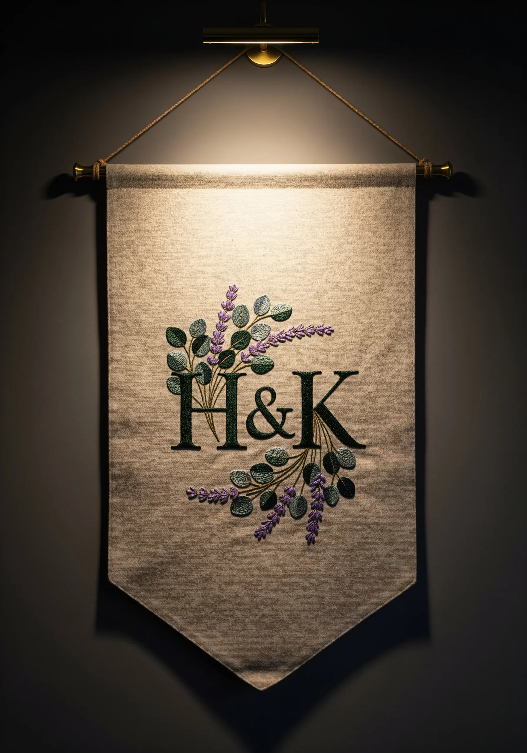 Monogrammed wall banner with embroidered eucalyptus and lavender sprigs.