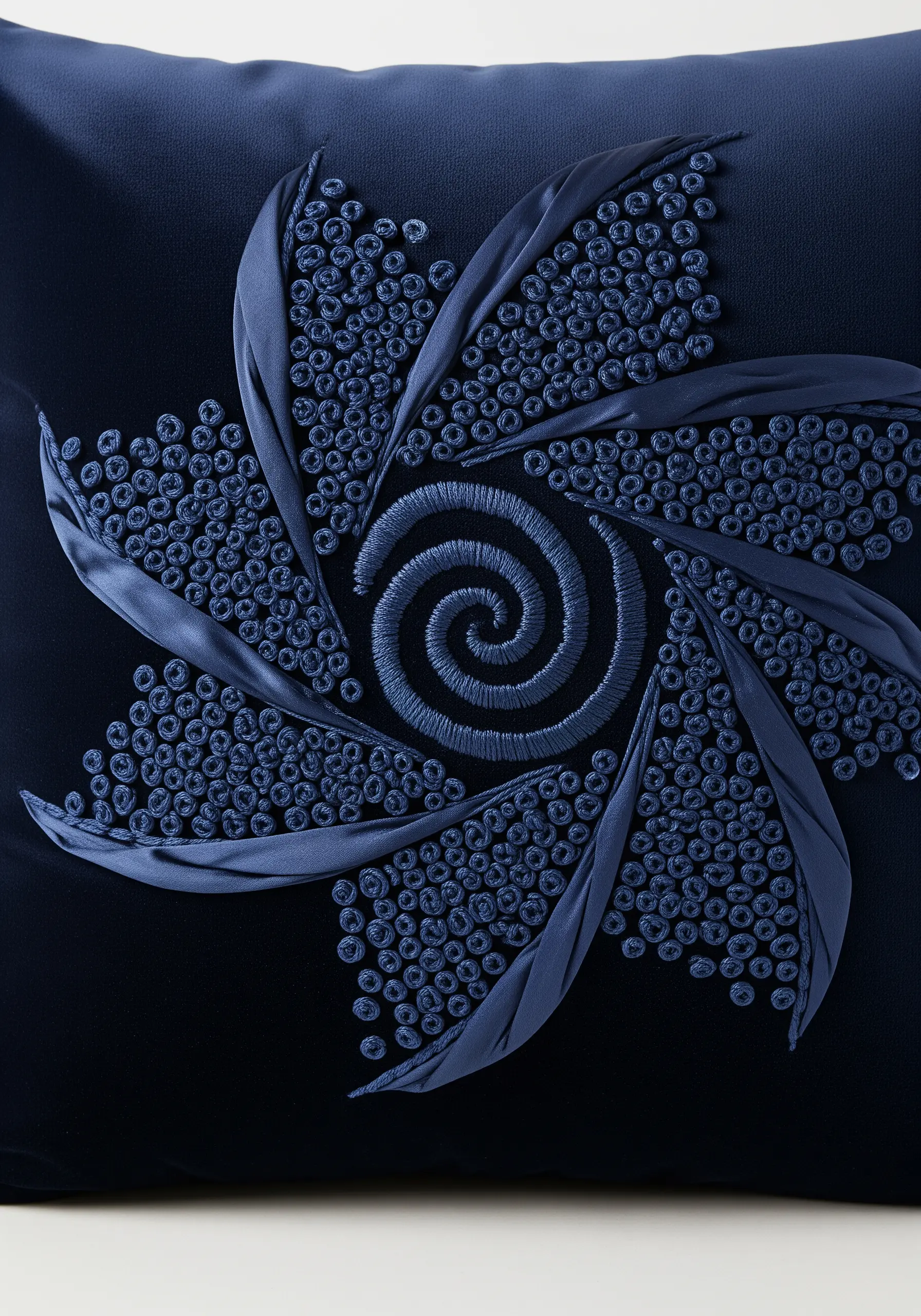 A navy blue cushion embroidered with a floral spiral using both shiny ribbon and matte thread.