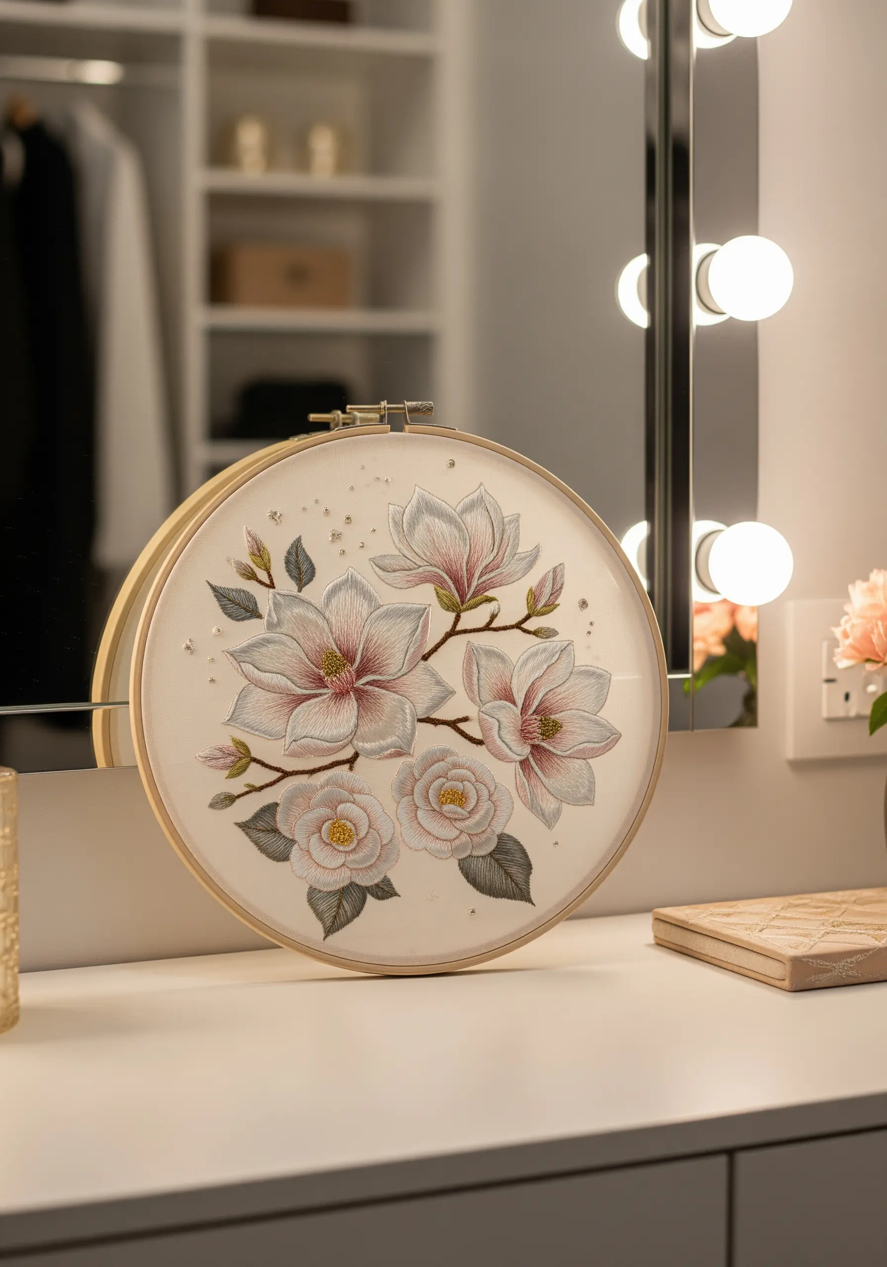 Delicately shaded magnolia flowers embroidered with subtle pink and white gradients.
