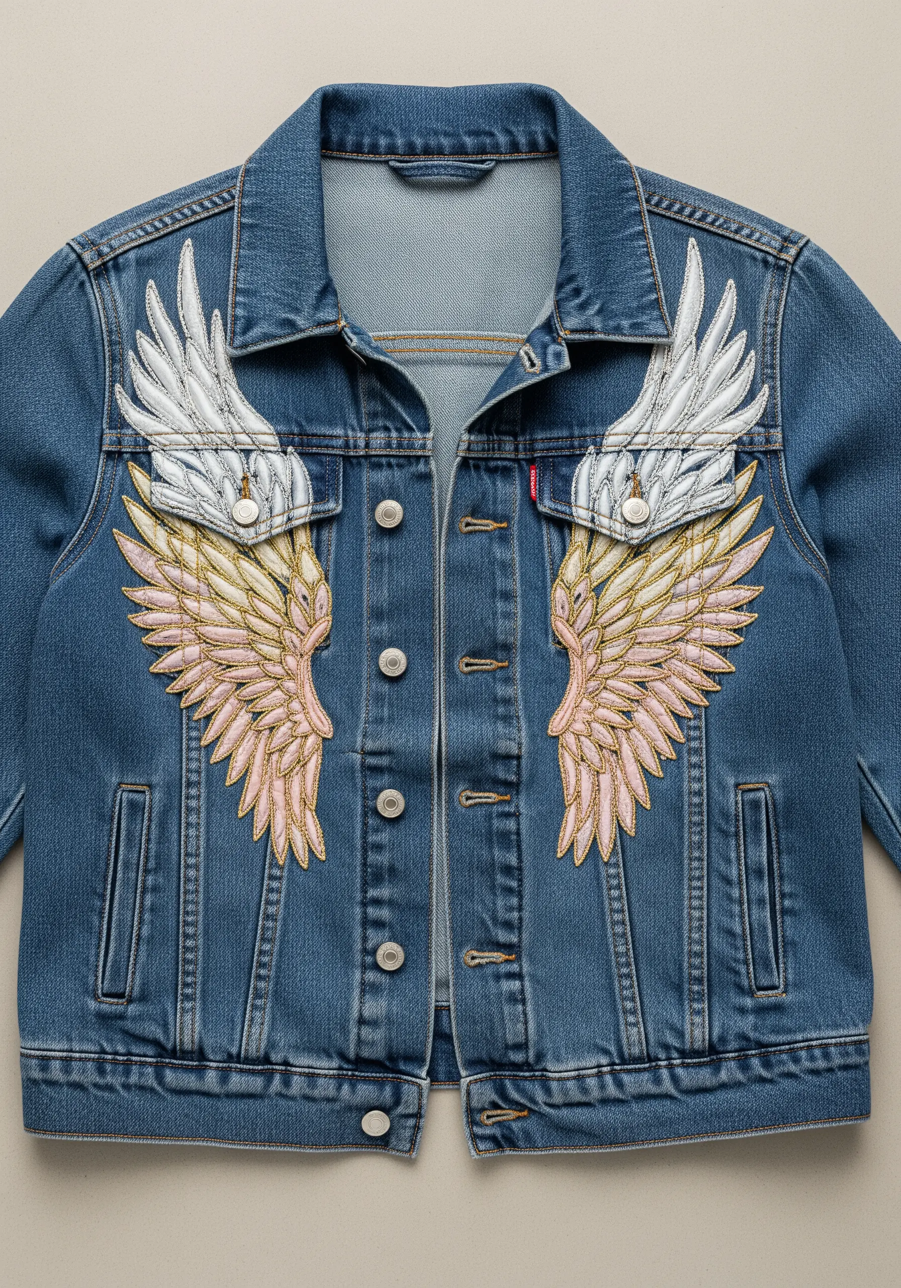 A pair of wings embroidered on a denim jacket, with soft pastel gradients and gold metallic outlines.