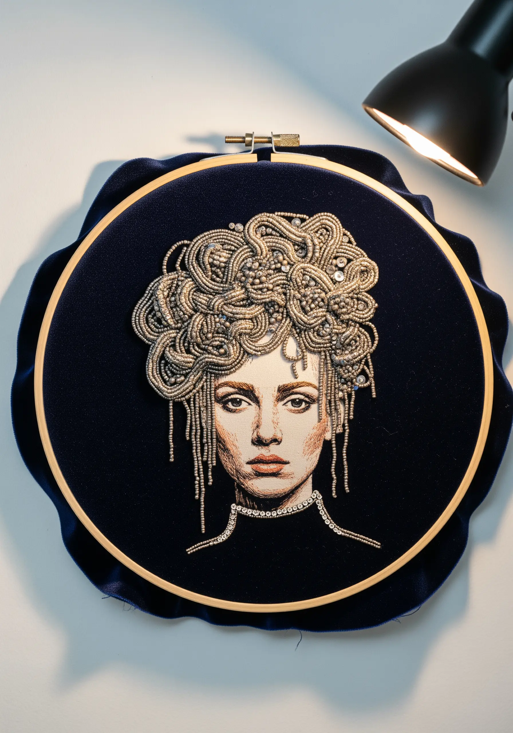 A mixed-media portrait combining thread painting with sculptural, beaded hair on dark velvet.