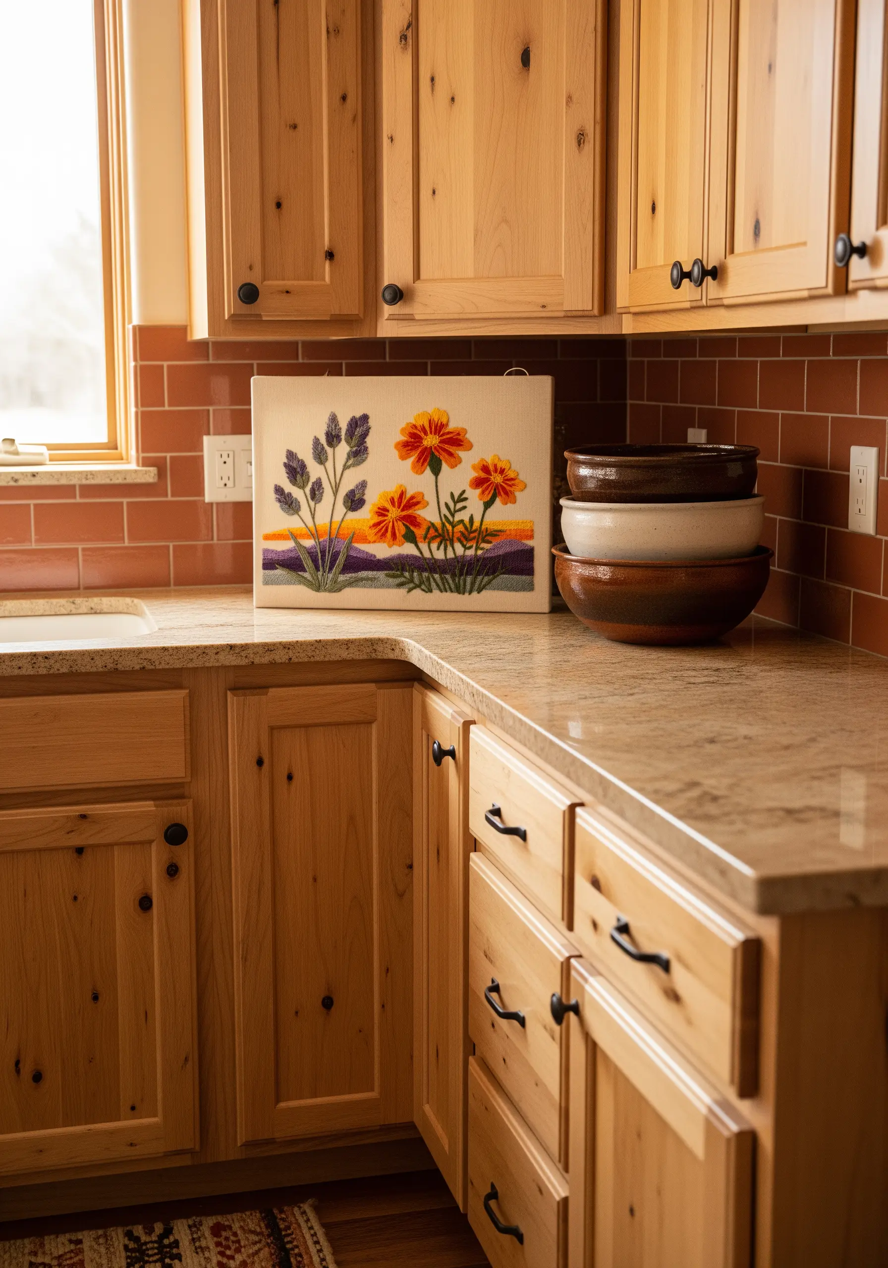 Embroidered landscape with marigolds and lavender, set on a kitchen counter with wood cabinets.
