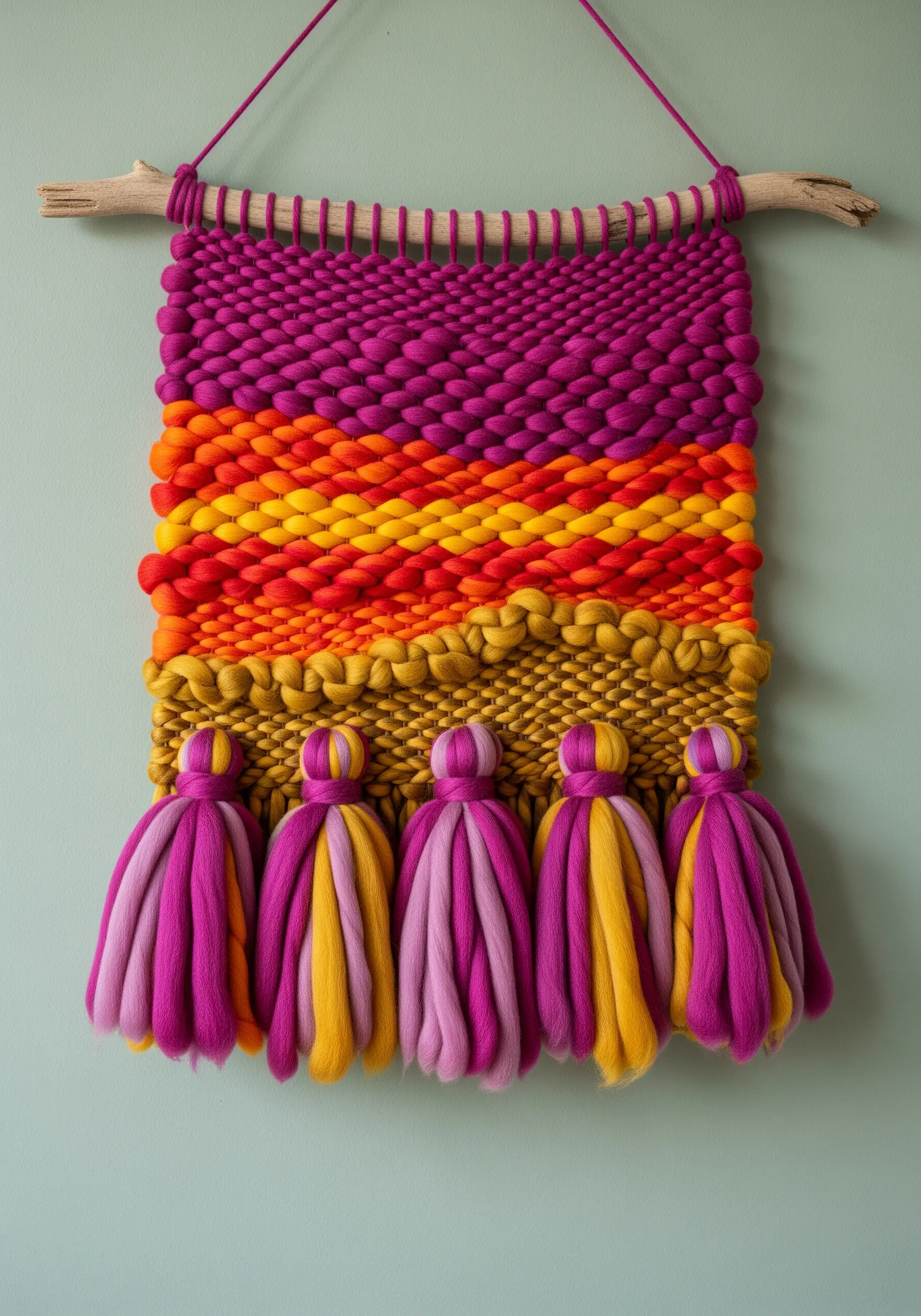 Woven wall hanging with sunset color blocks, thick roving, and oversized tassels.