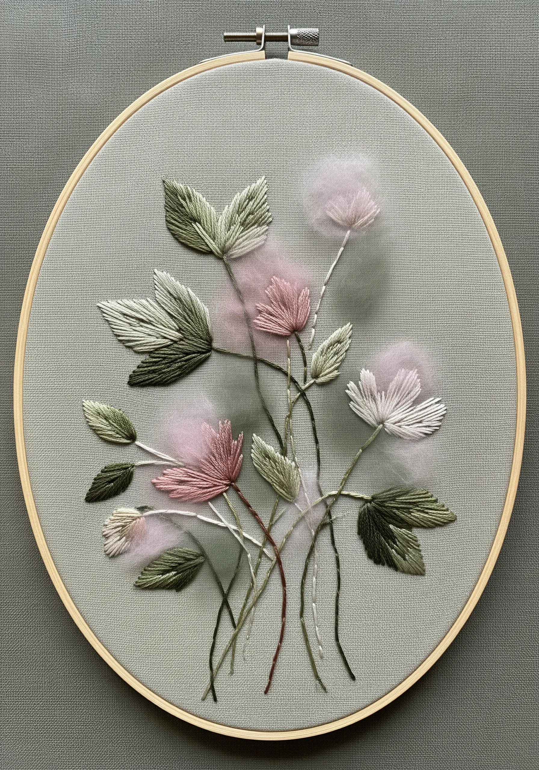 Delicate floral embroidery combining satin stitched leaves with soft wool roving for blossoms.