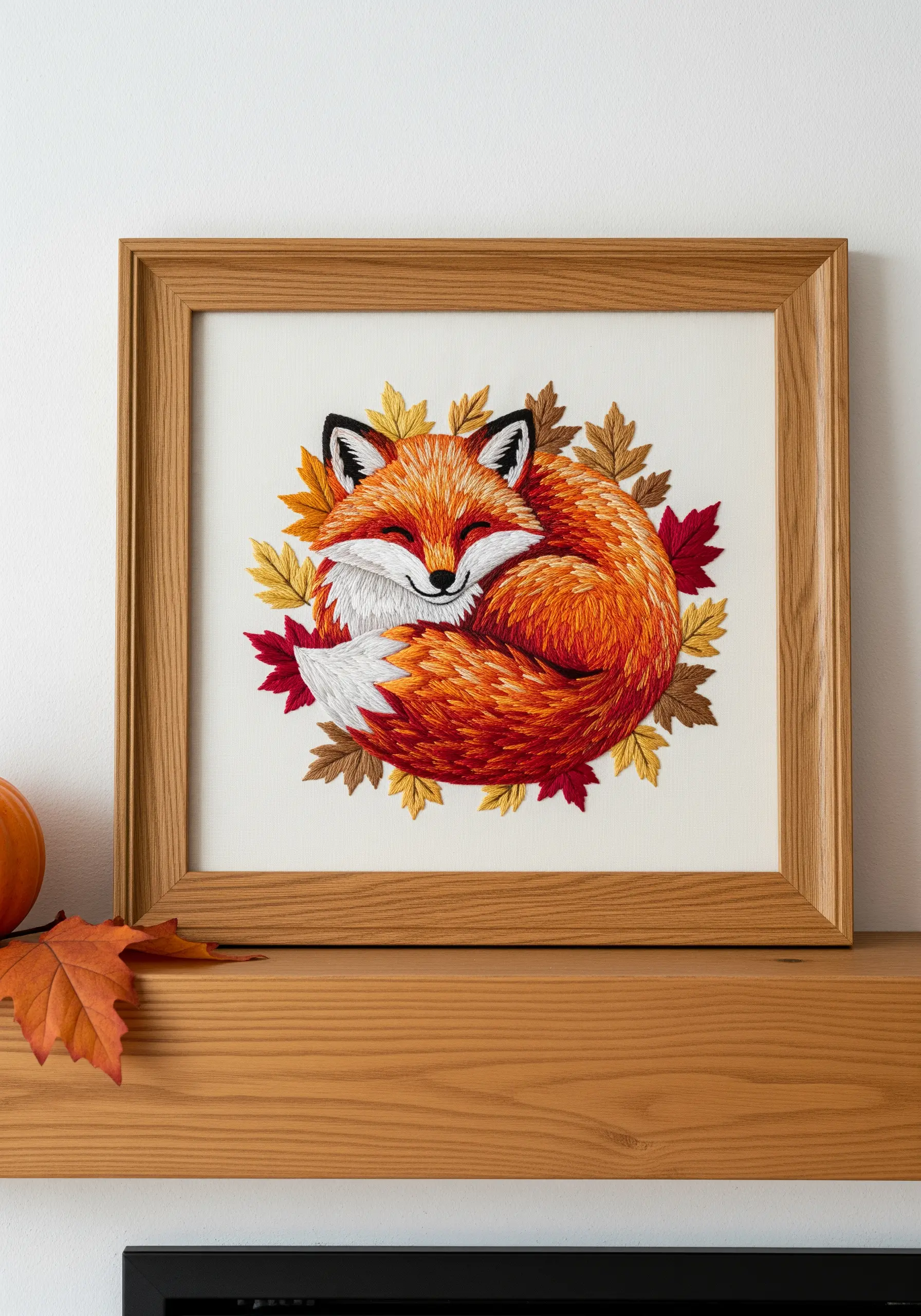 A beautifully blended embroidery of a sleeping fox surrounded by autumn leaves in a wooden frame.