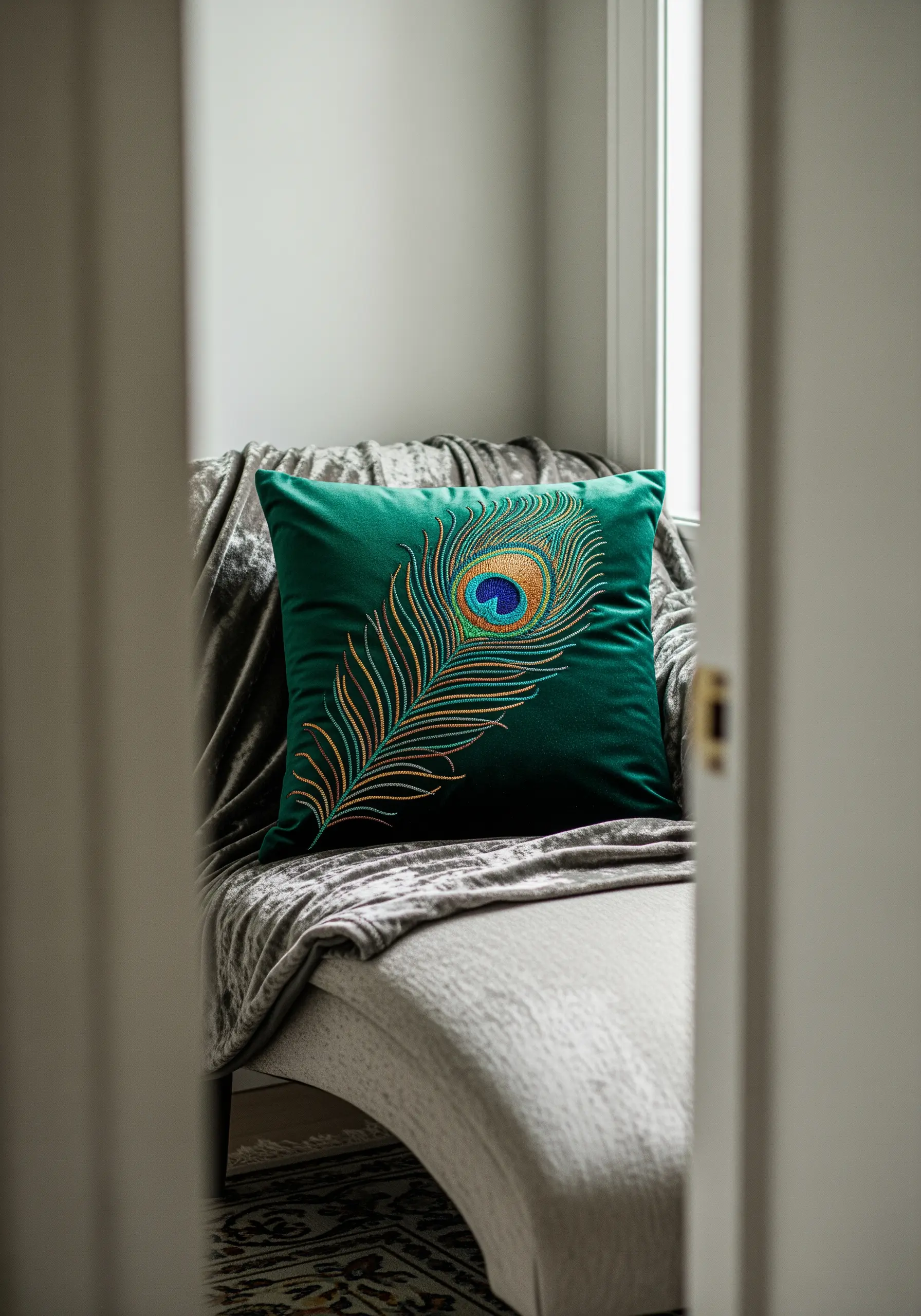 A single, detailed peacock feather embroidered with iridescent threads on a velvet green pillow.
