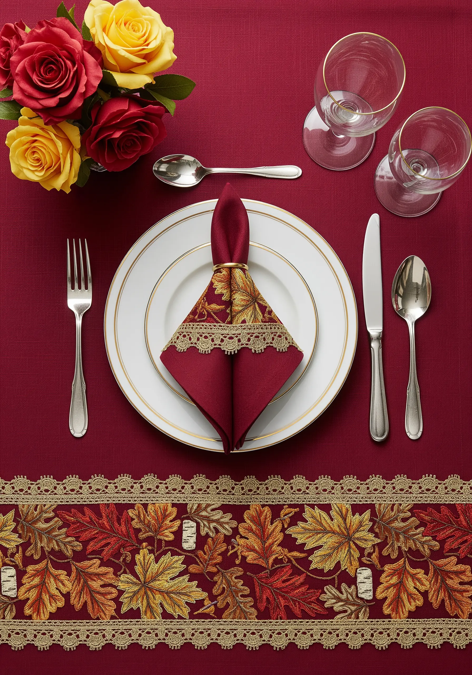 Embroidered autumn leaves in gold, orange, and red on a burgundy napkin with gold lace.