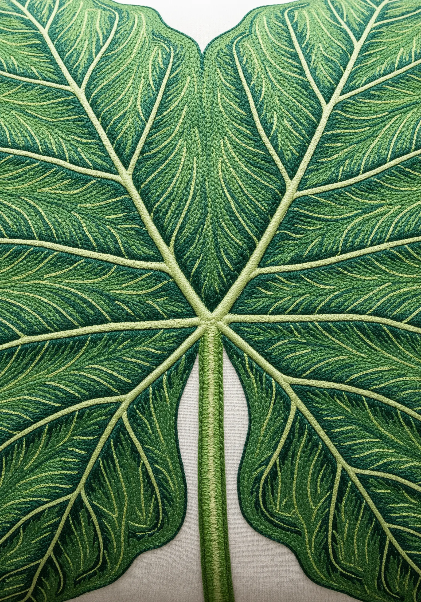 Close-up of a realistic embroidered leaf with veins blended in using long and short stitch.