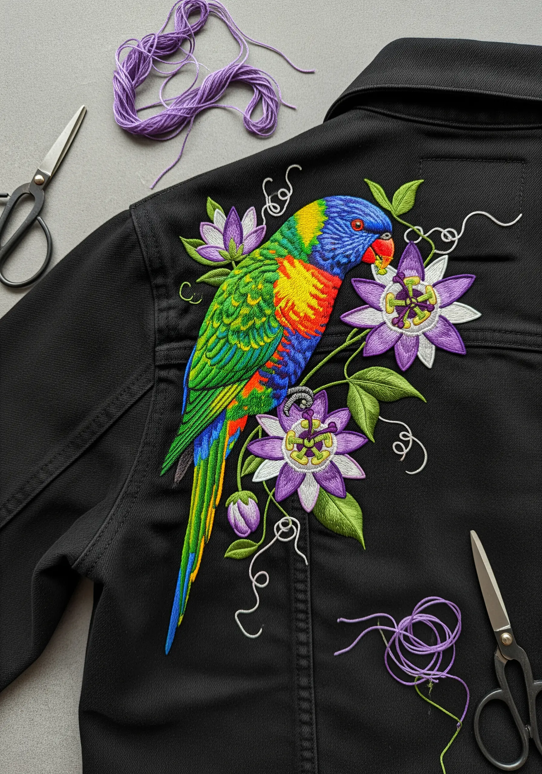 Colorful Rainbow Lorikeet with purple passion flowers embroidered on a black jacket.