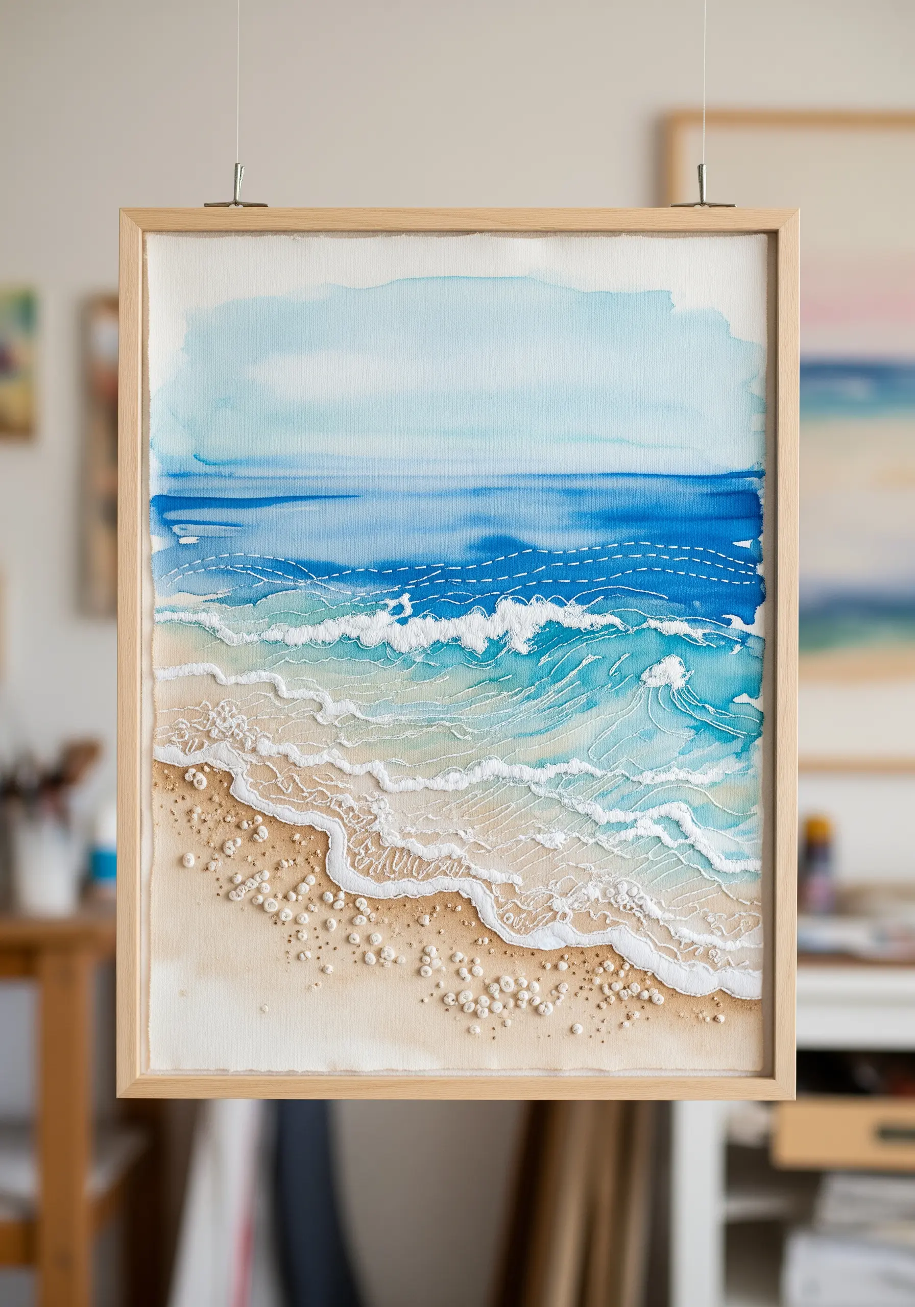 Mixed-media art of a beach scene with watercolor paint and white embroidery.