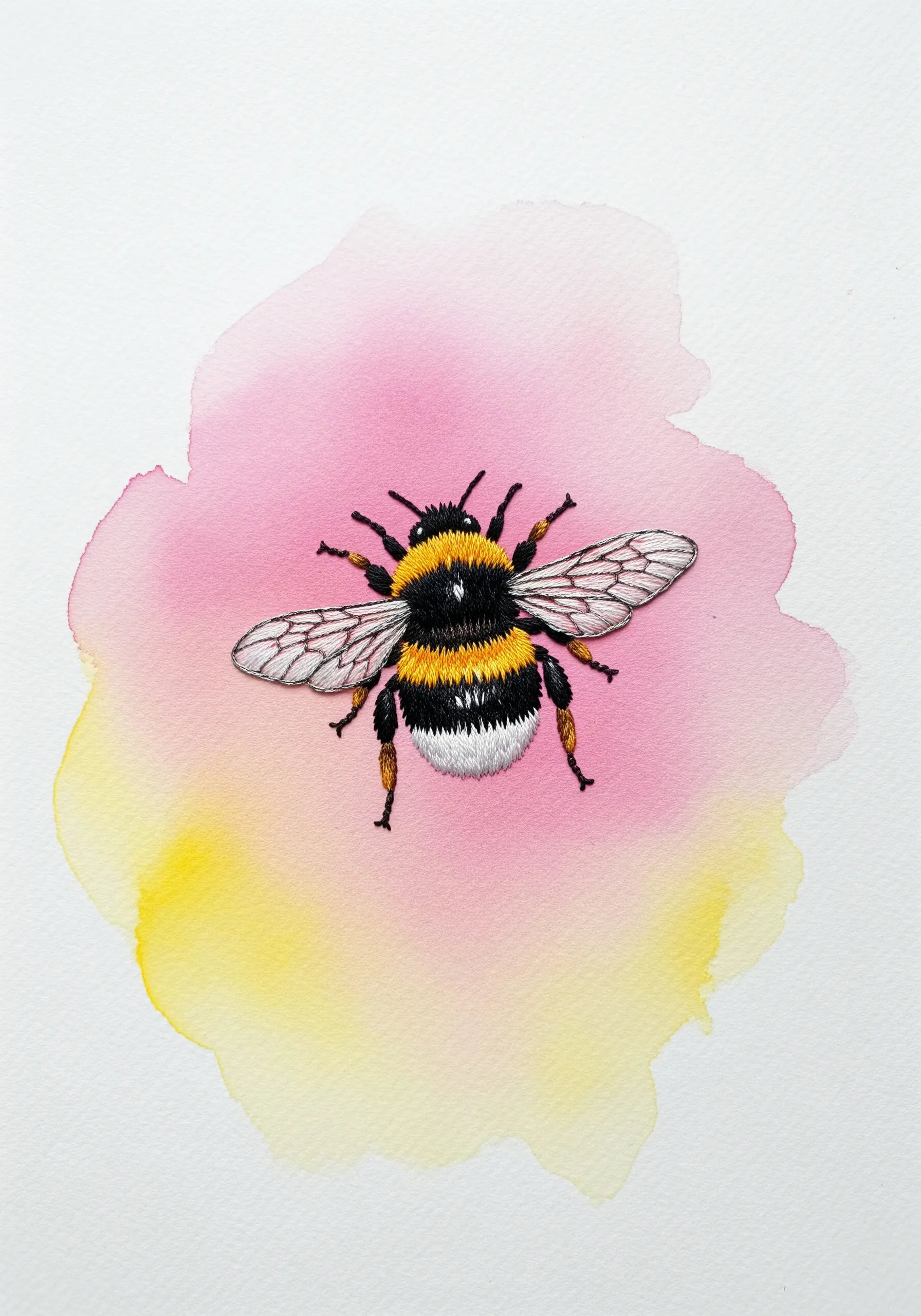 A realistic embroidered bumblebee on a soft pink and yellow watercolor background.