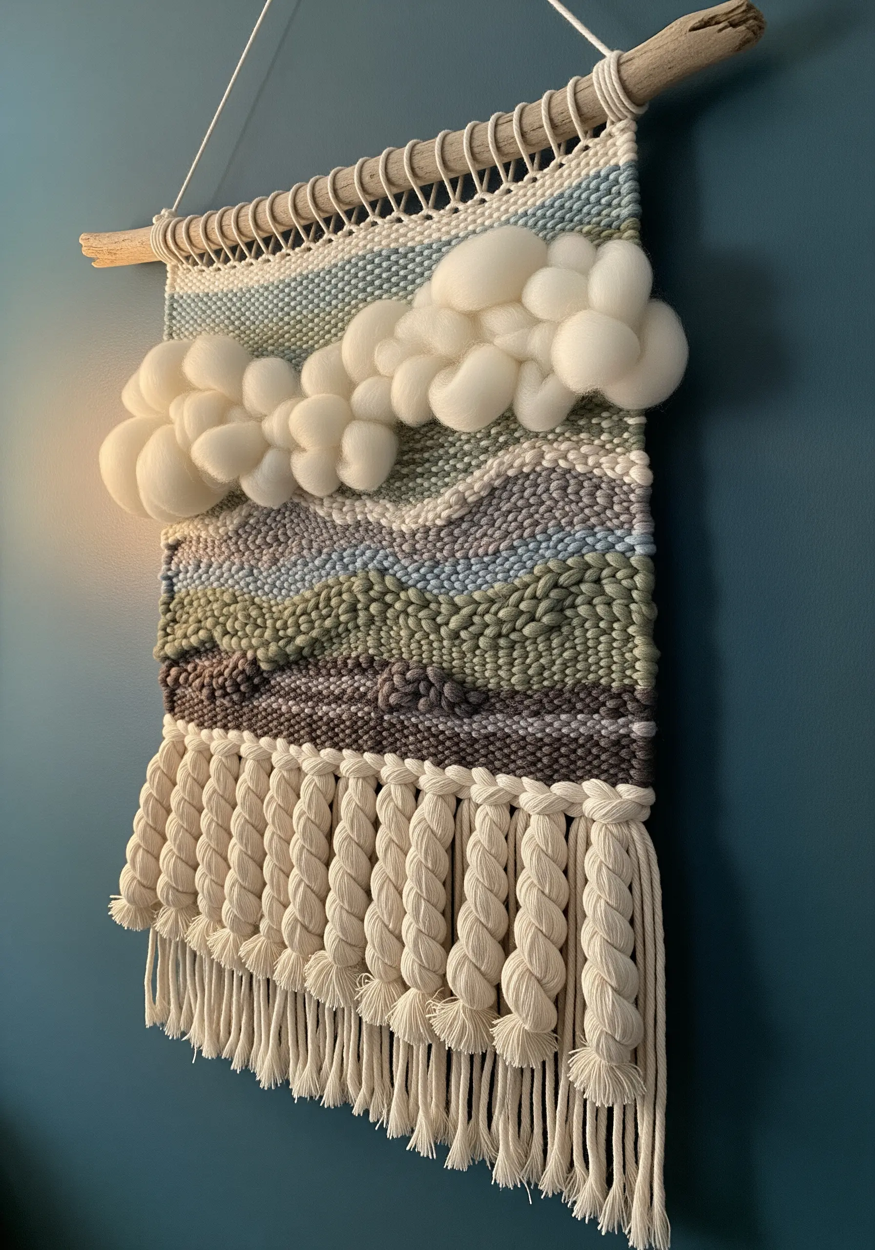 Woven wall hanging with fluffy white wool roving clouds and braided fringe.