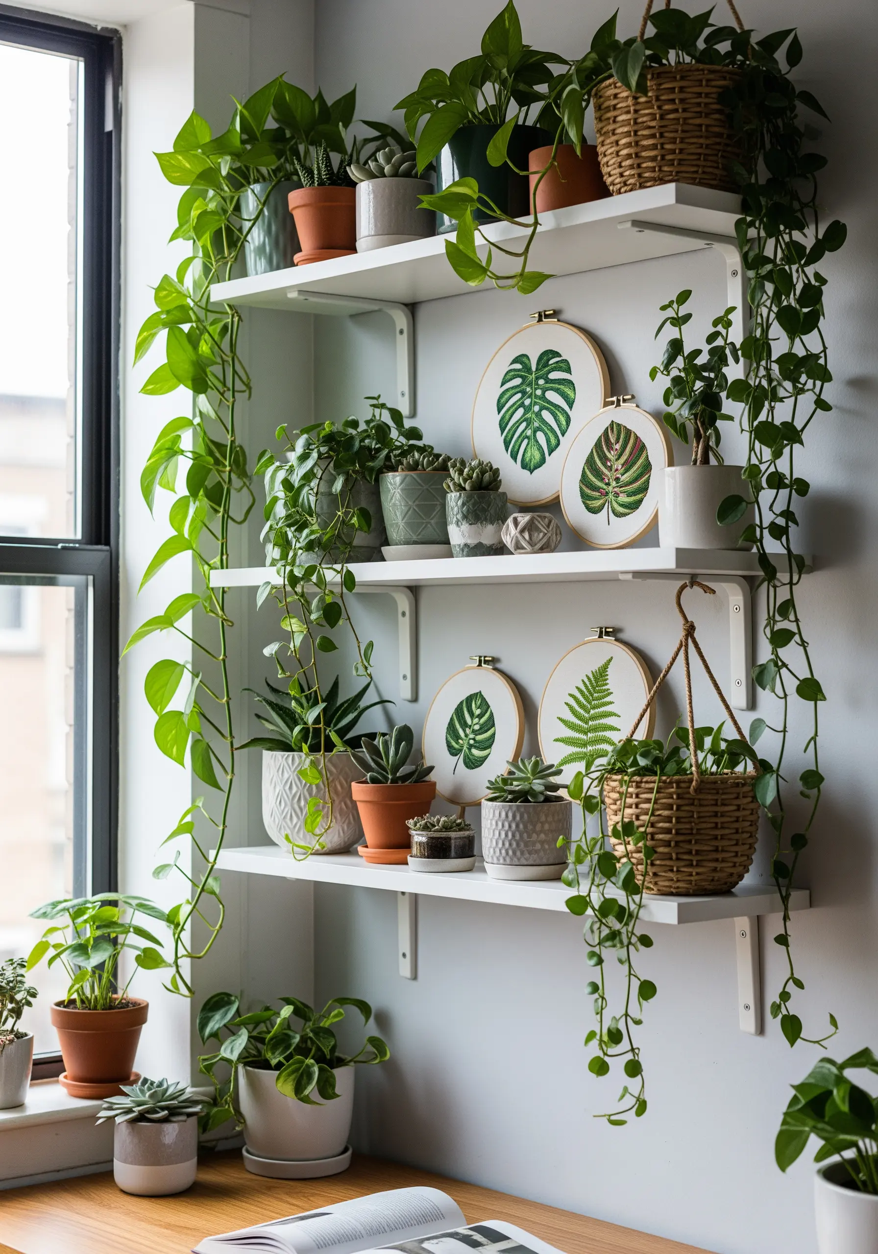 Several embroidered hoops of tropical leaves displayed on white shelves among real houseplants.