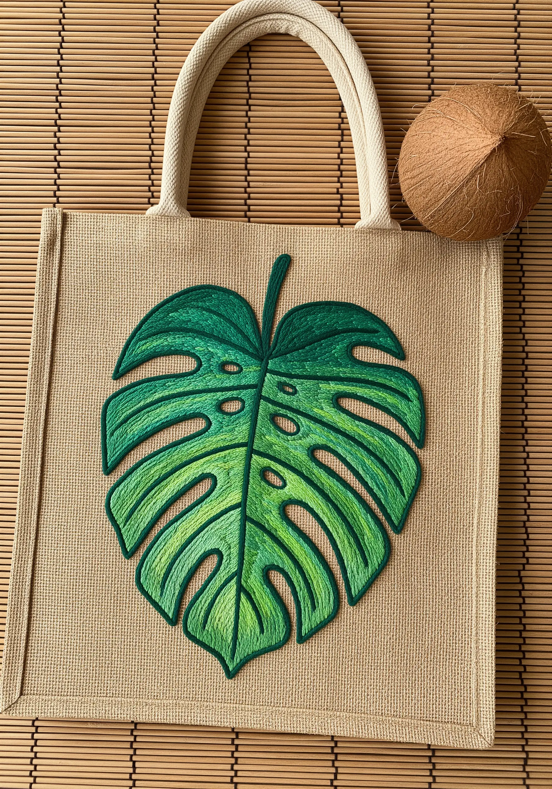A large monstera leaf embroidered with blended shades of green on a jute tote bag.