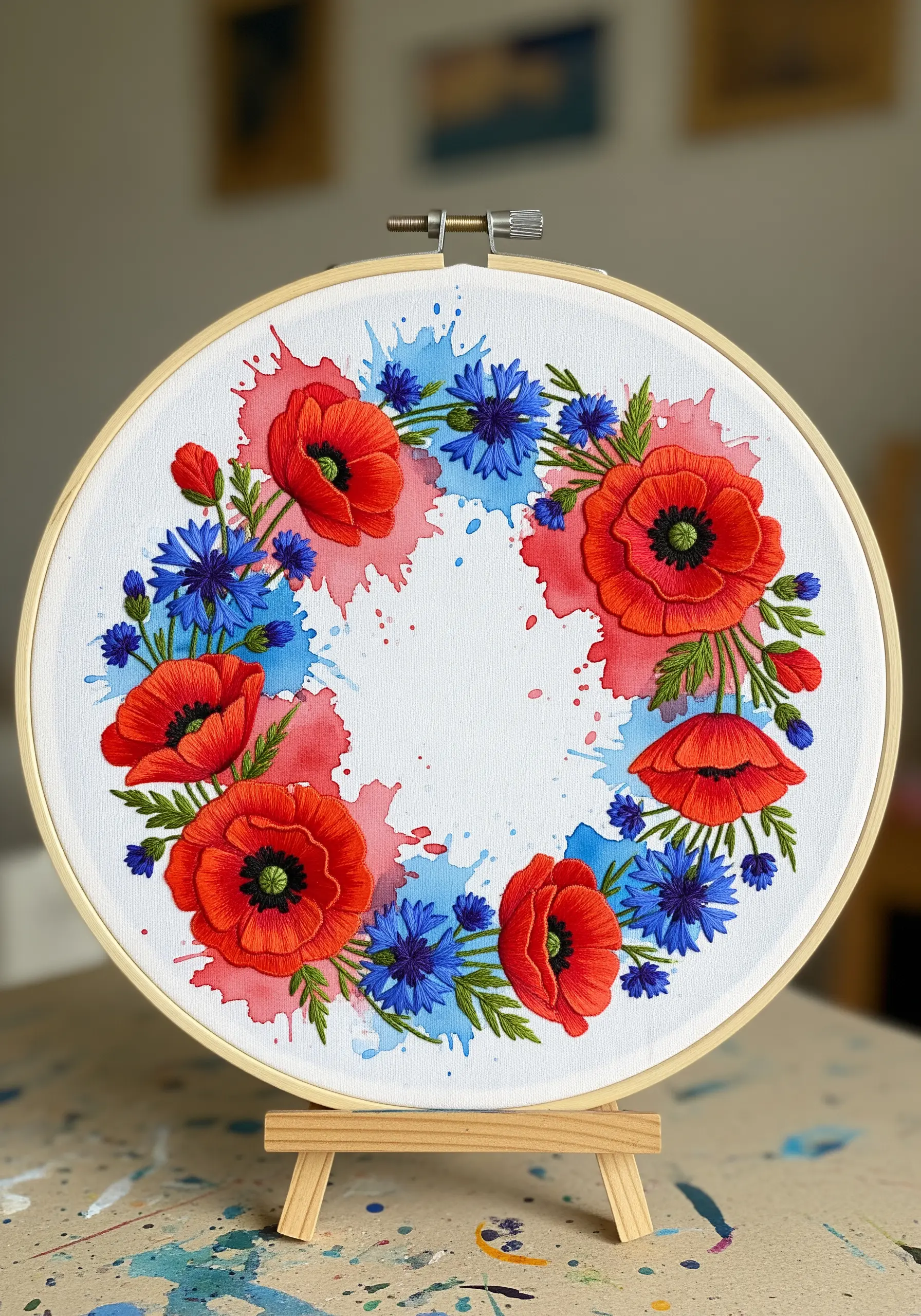 Embroidered red poppies and blue cornflowers stitched over a soft watercolor background.