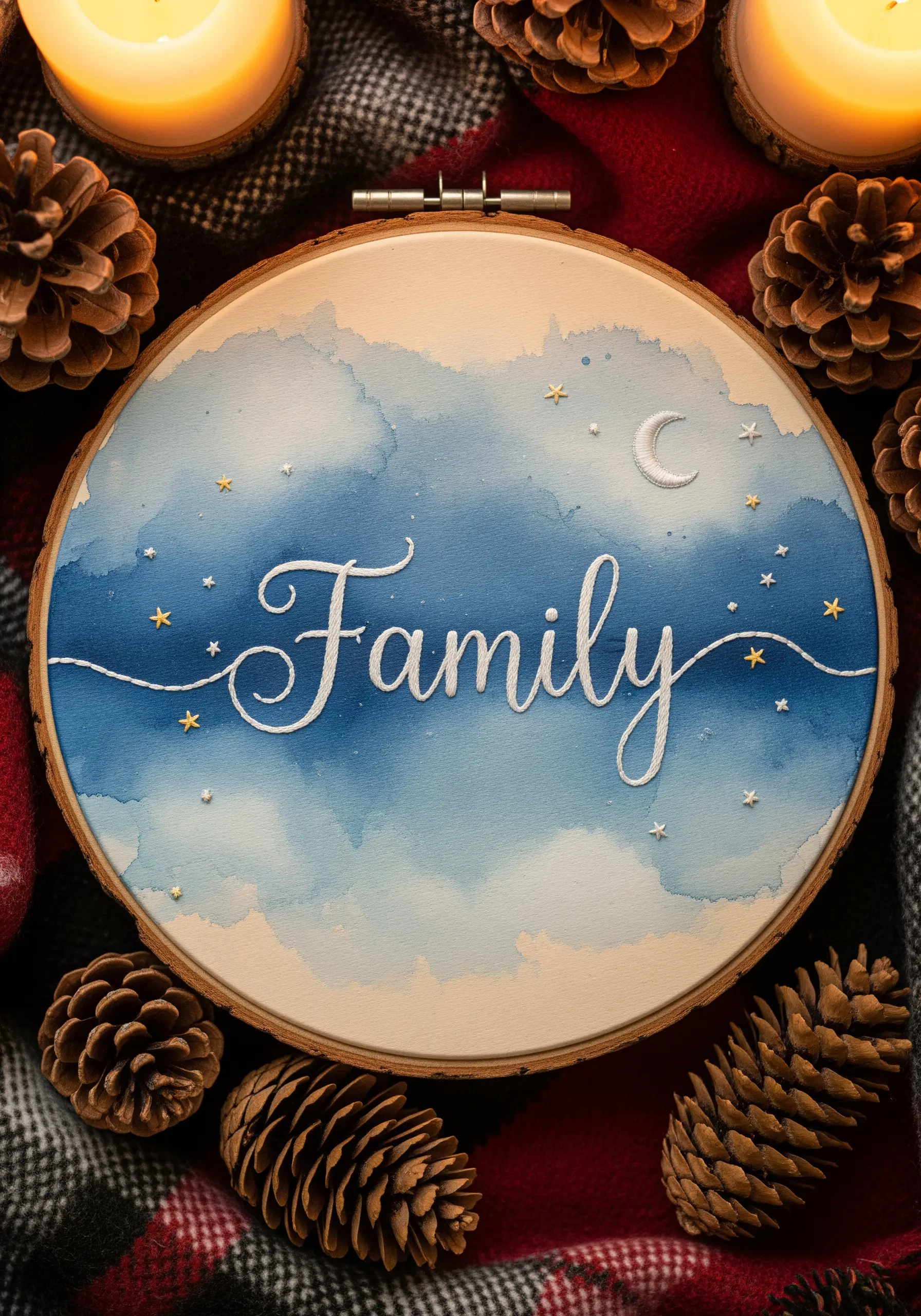 'Family' embroidered in white script over a blue watercolor background in a hoop.