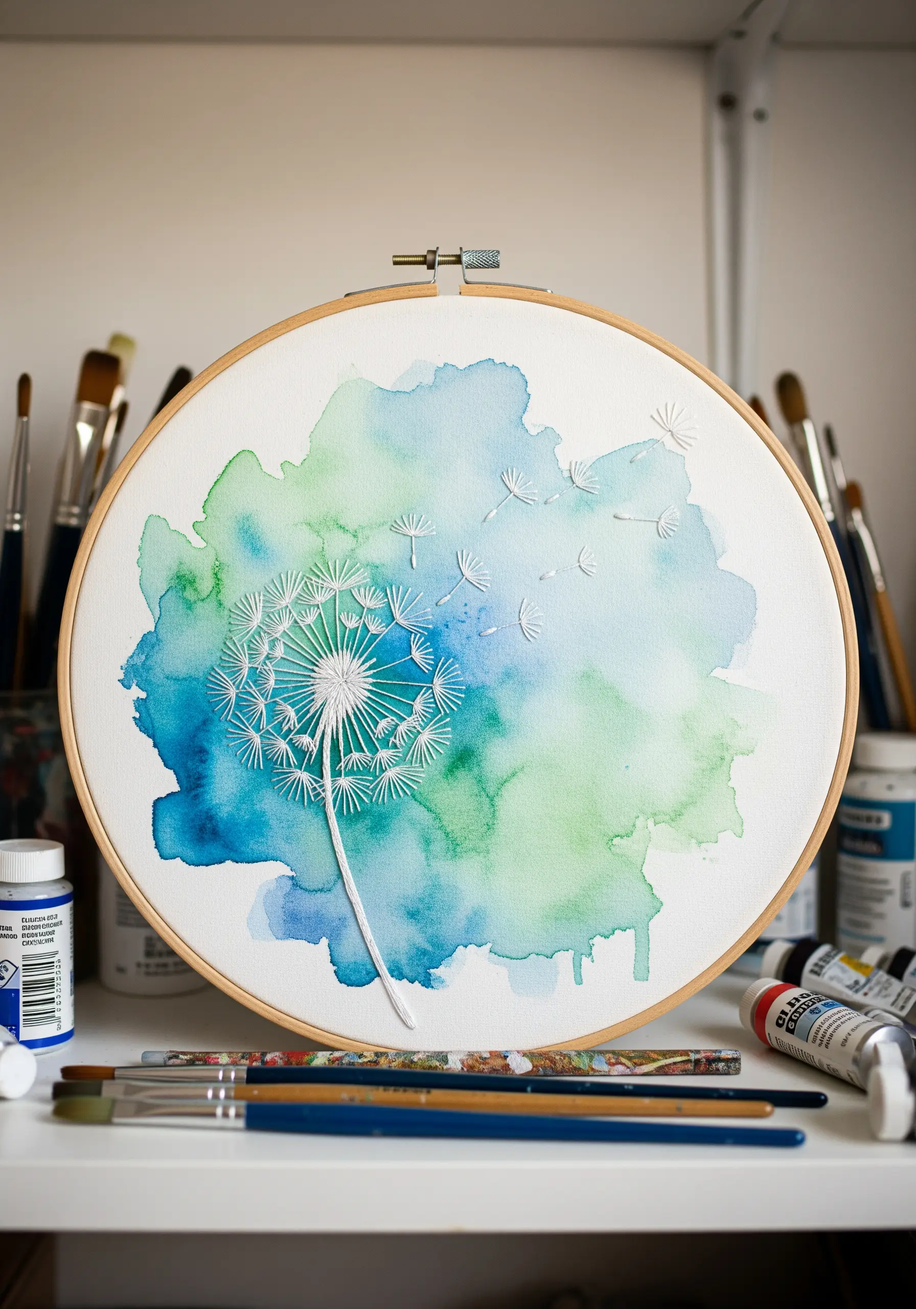 A dandelion embroidered in white thread over a dreamy blue and green watercolor background.