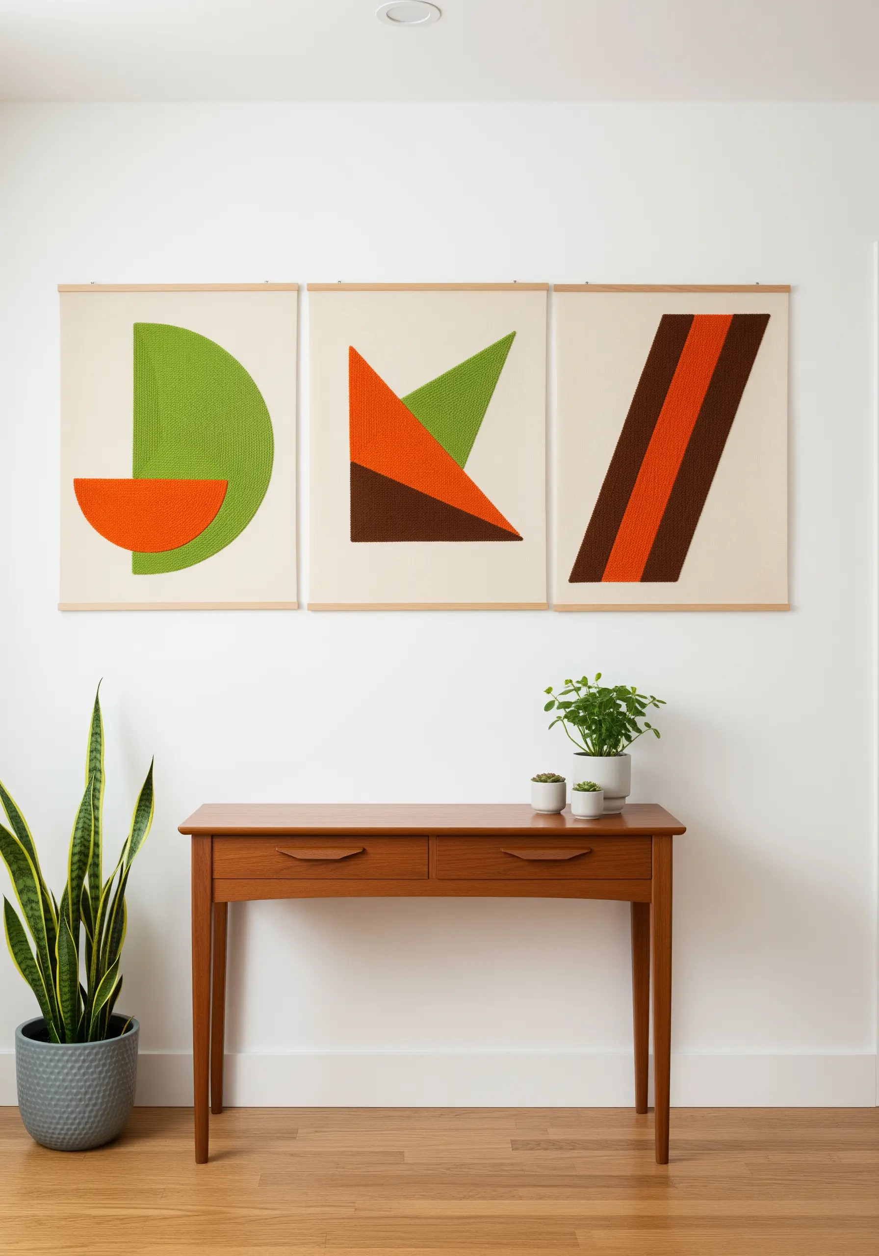A triptych of wall hangings with bold, mid-century modern geometric shapes in green, orange, and brown.