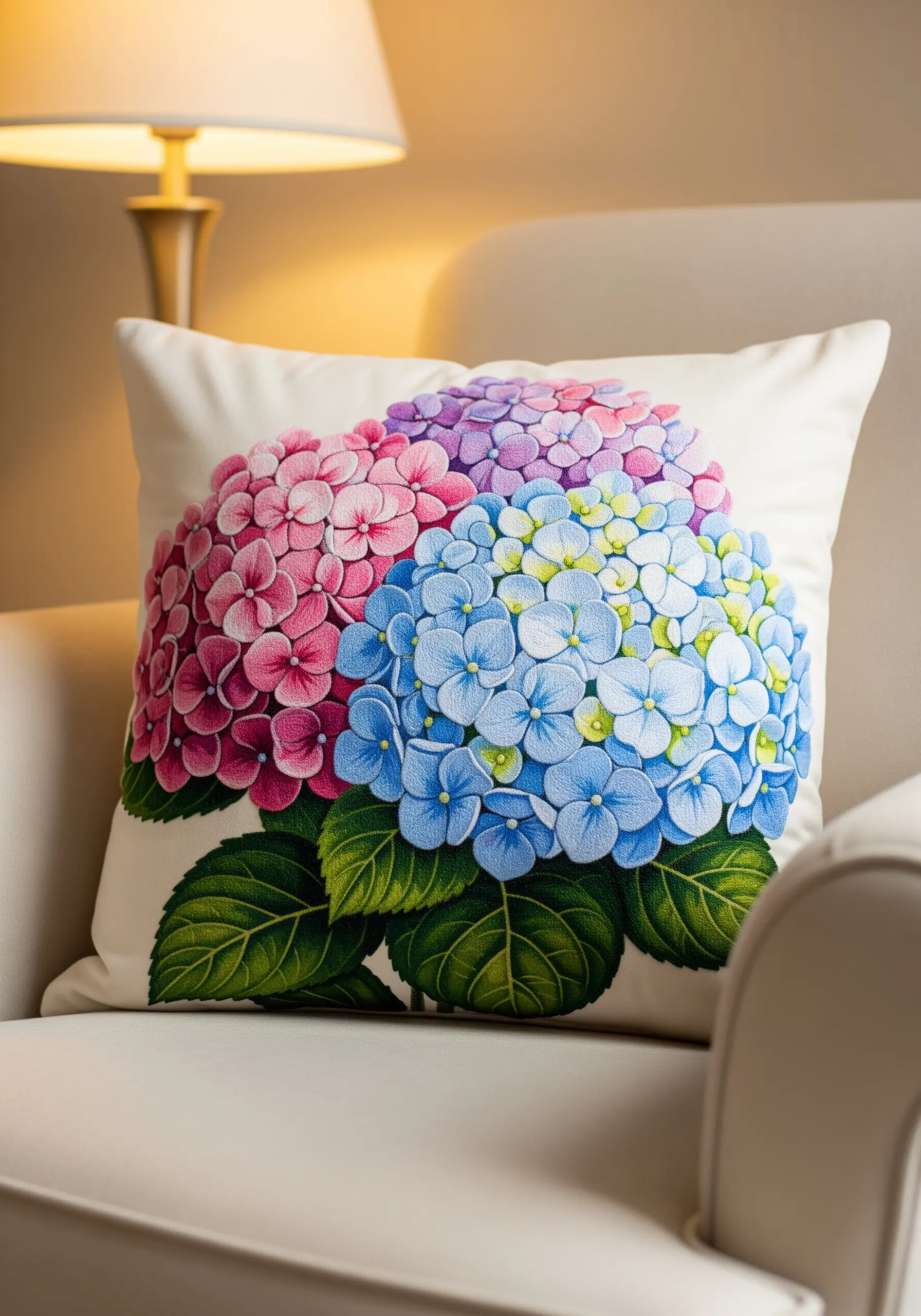Embroidered pillow with three distinct hydrangea clusters in pink, blue, and purple tones.