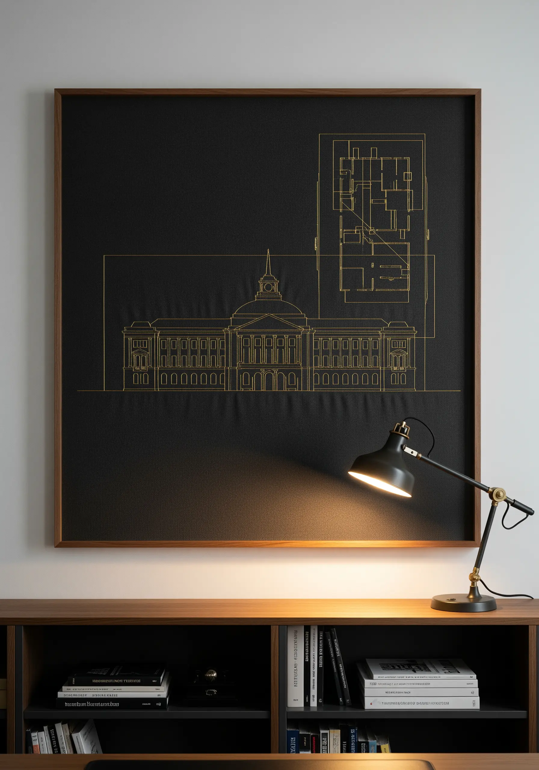 Gold thread embroidery of an architectural blueprint on a large black canvas.