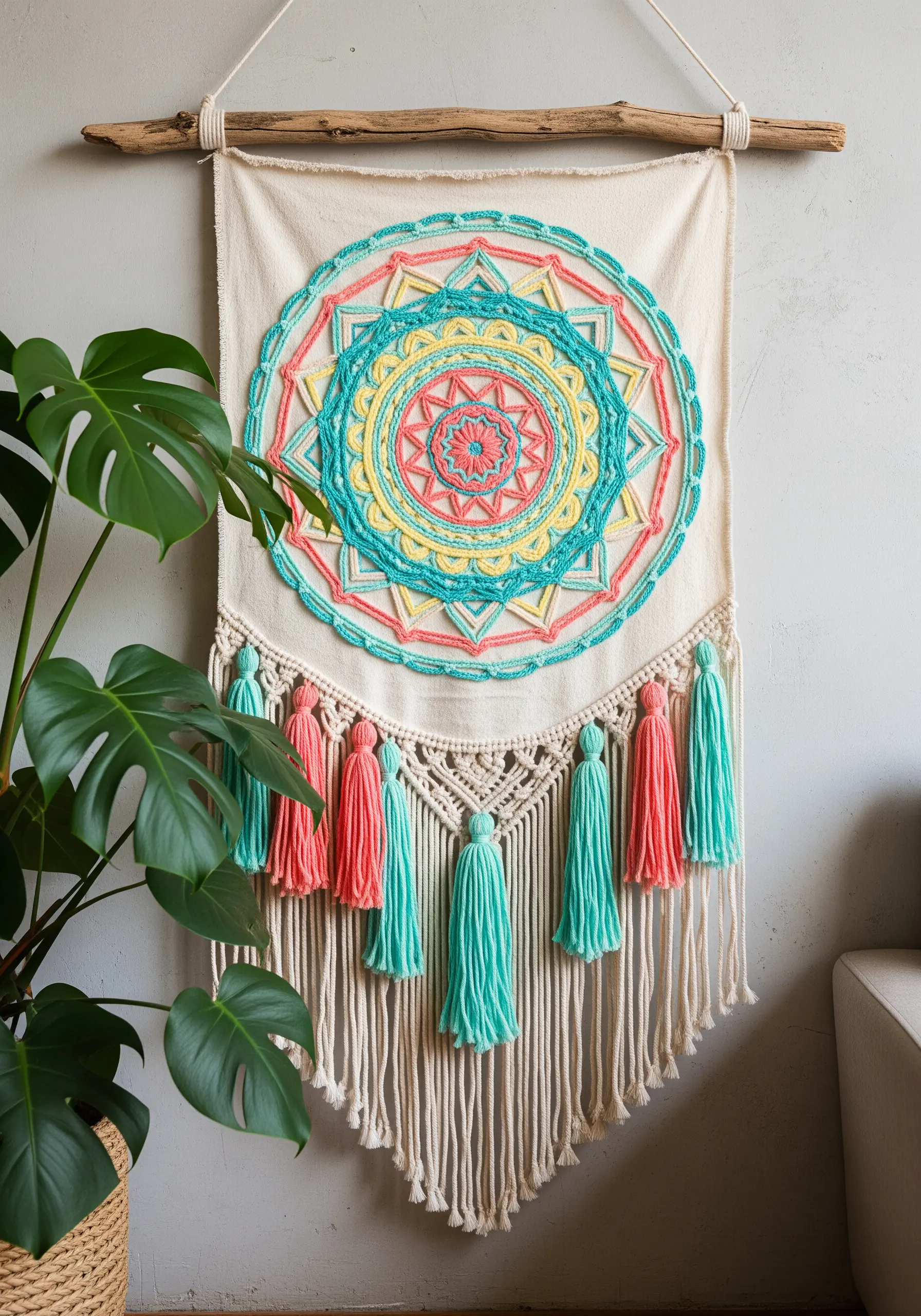 Large embroidered mandala wall hanging with couched yarn and macrame tassels.