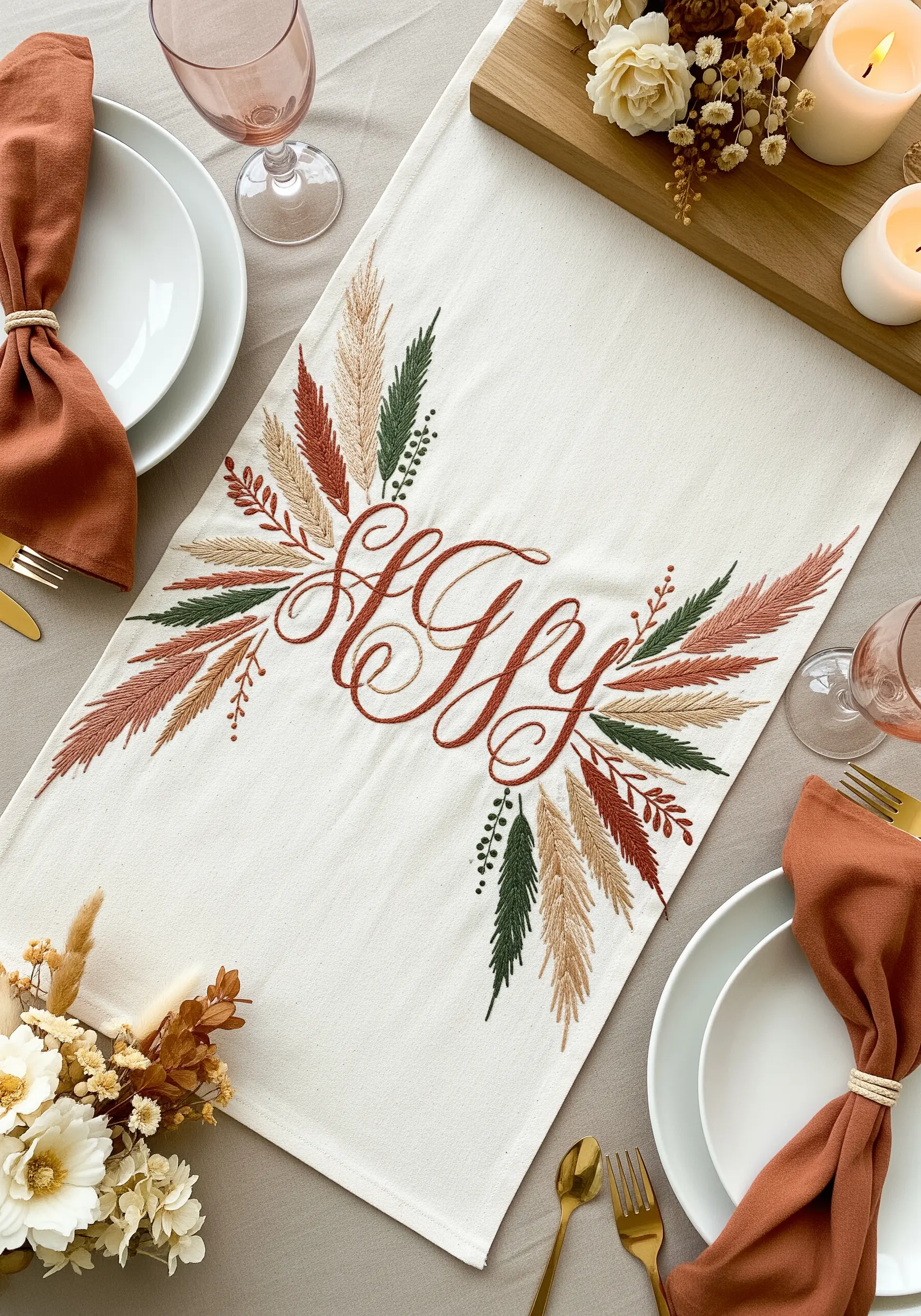 A natural linen table runner with a terracotta monogram framed by embroidered pampas grass.