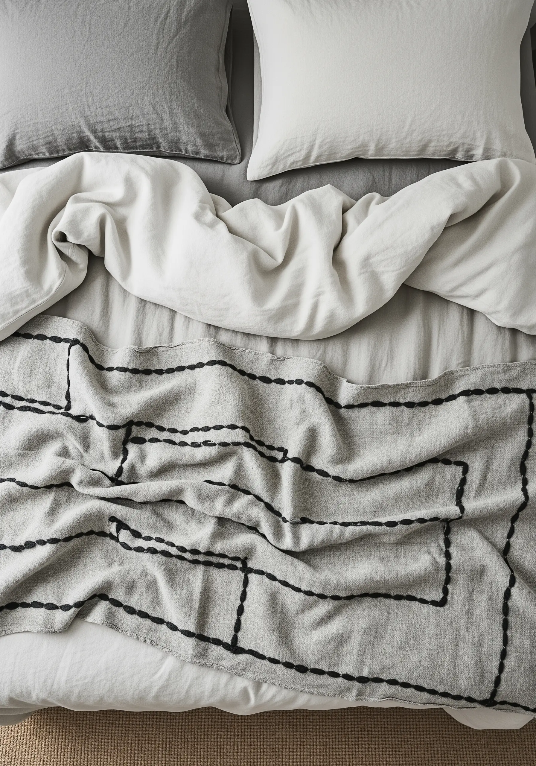 Abstract black yarn couched onto a grey linen throw blanket.