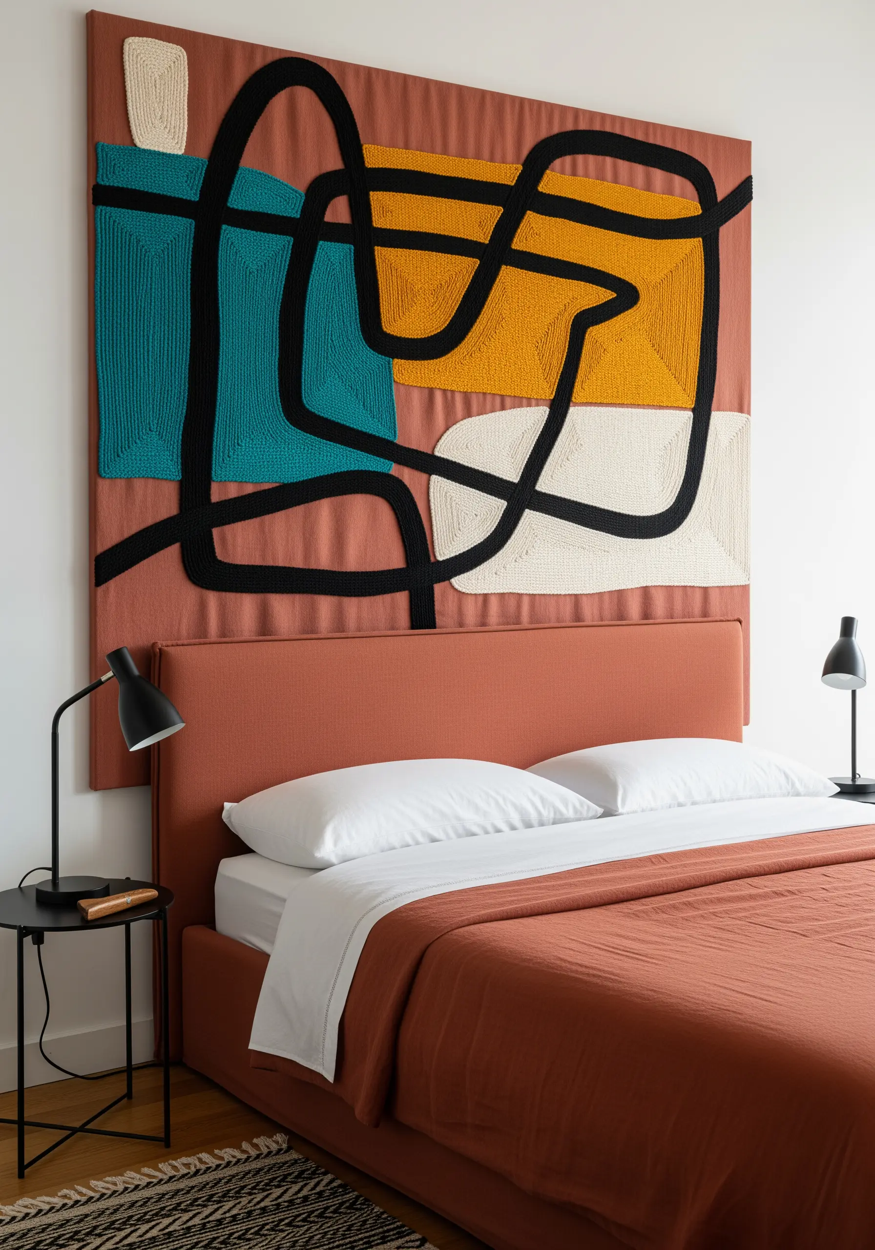 Abstract modern art headboard with bold black couched yarn and textured color blocks.