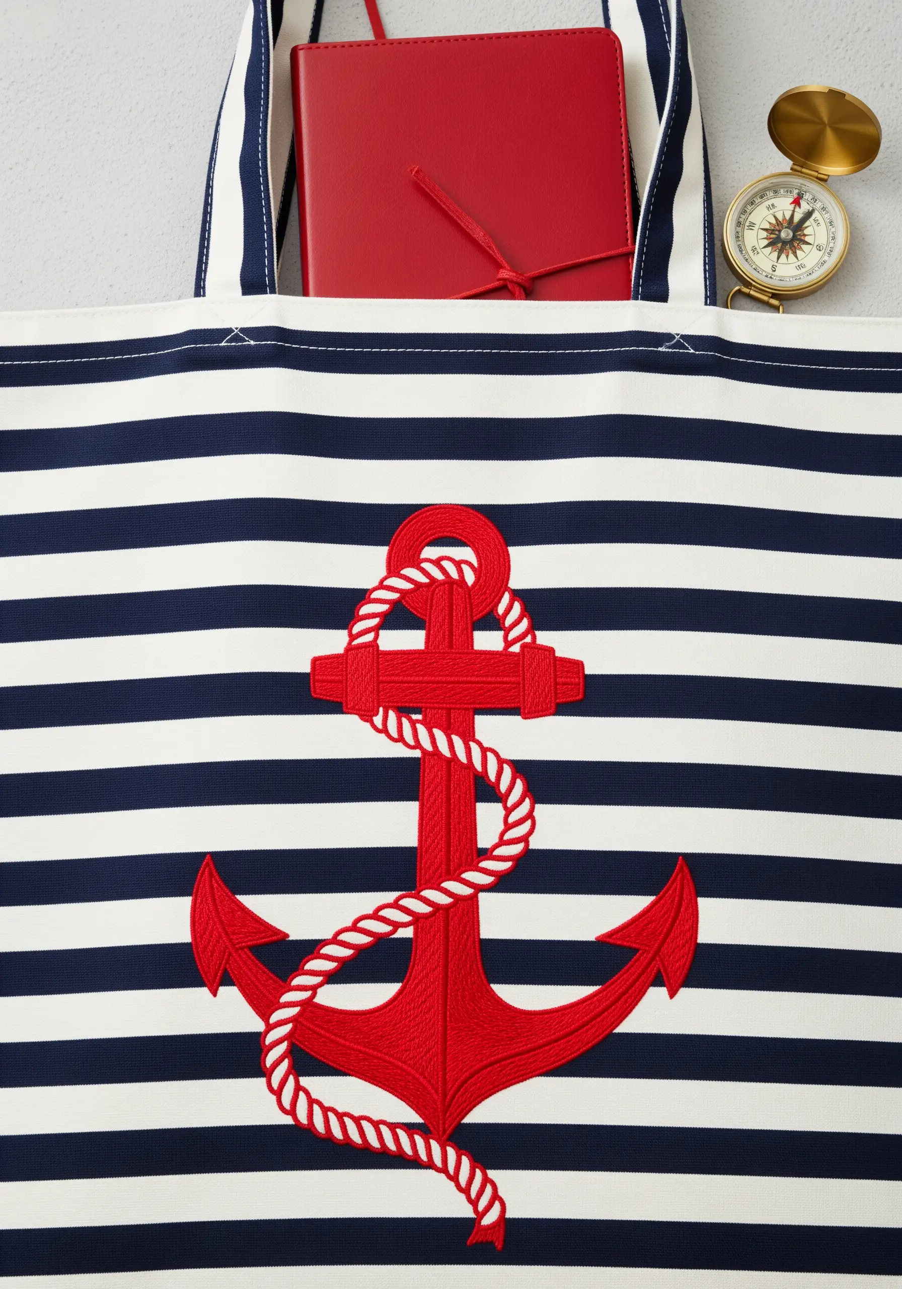 A bold red satin-stitched anchor with a dimensional white rope wrapped around it on a striped bag.