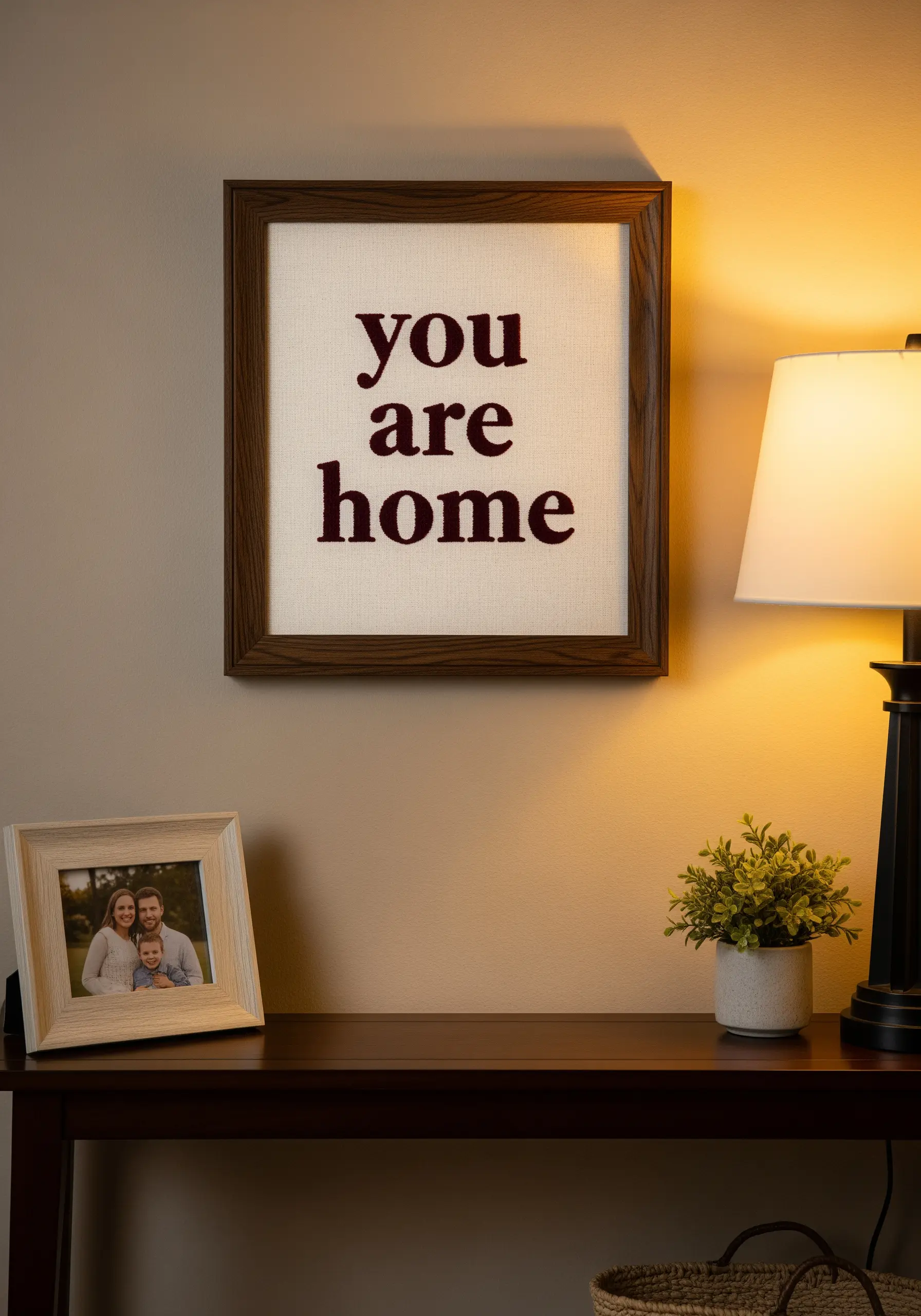 The phrase 'you are home' in a bold, dark red satin stitch on framed fabric.