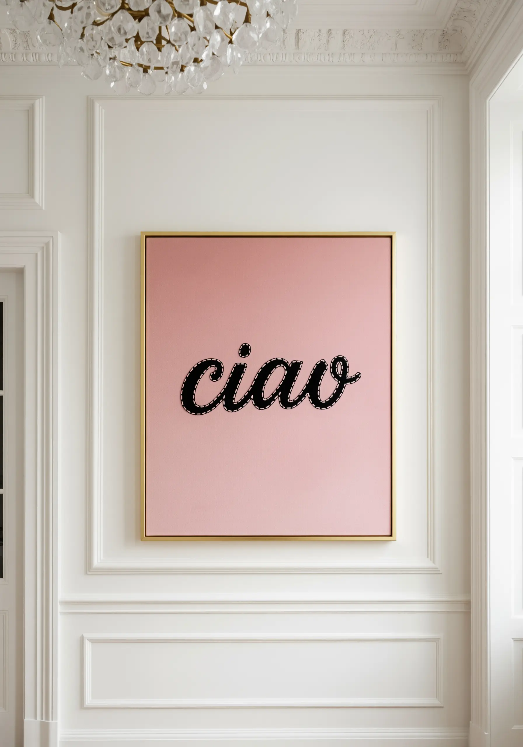 Bold 'ciao' script embroidered with a thick black stitch on a pink background.