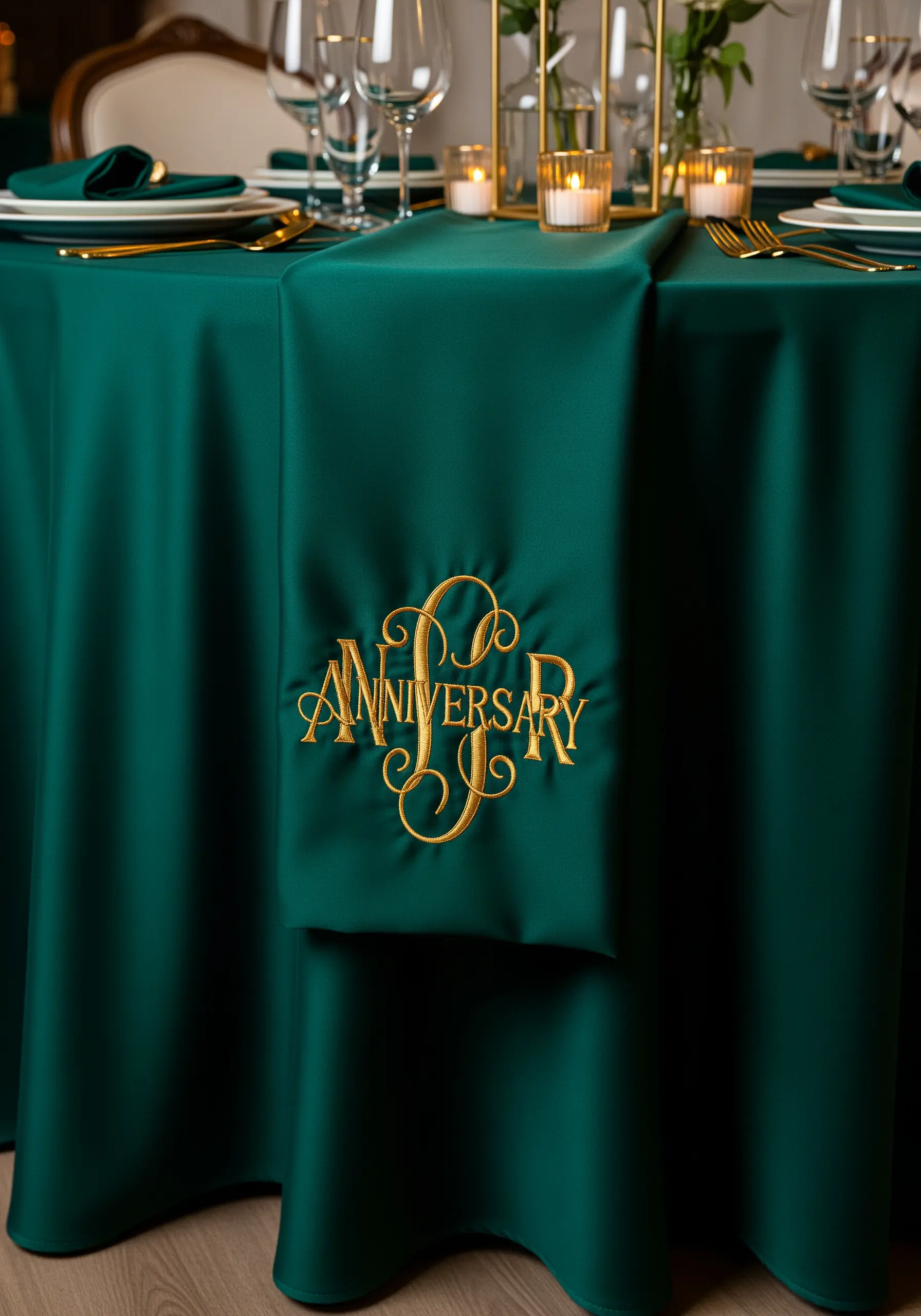 A large '1st Anniversary' monogram embroidered in gold script on an emerald green table runner.
