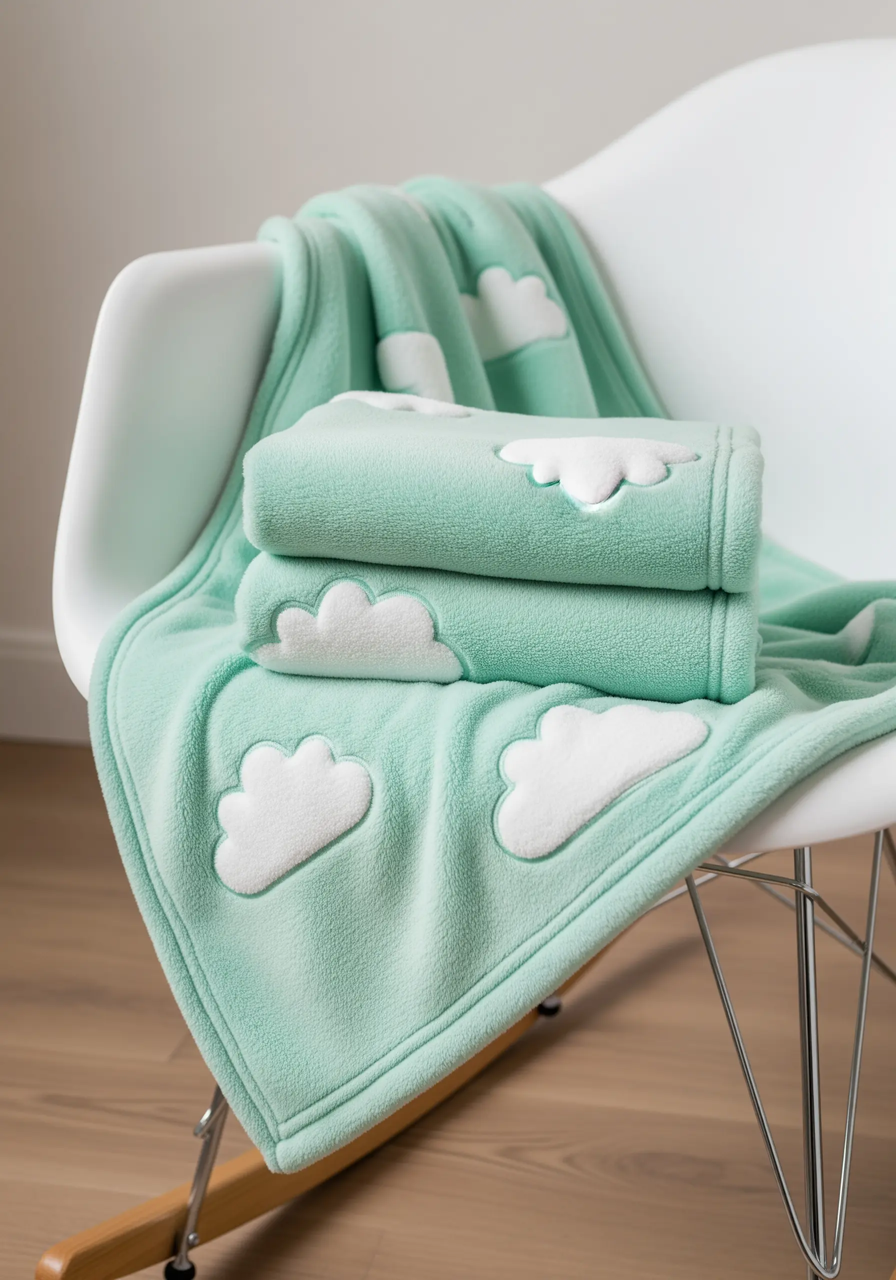 White fleece cloud appliqués with a visible blanket stitch edge on a mint green blanket.