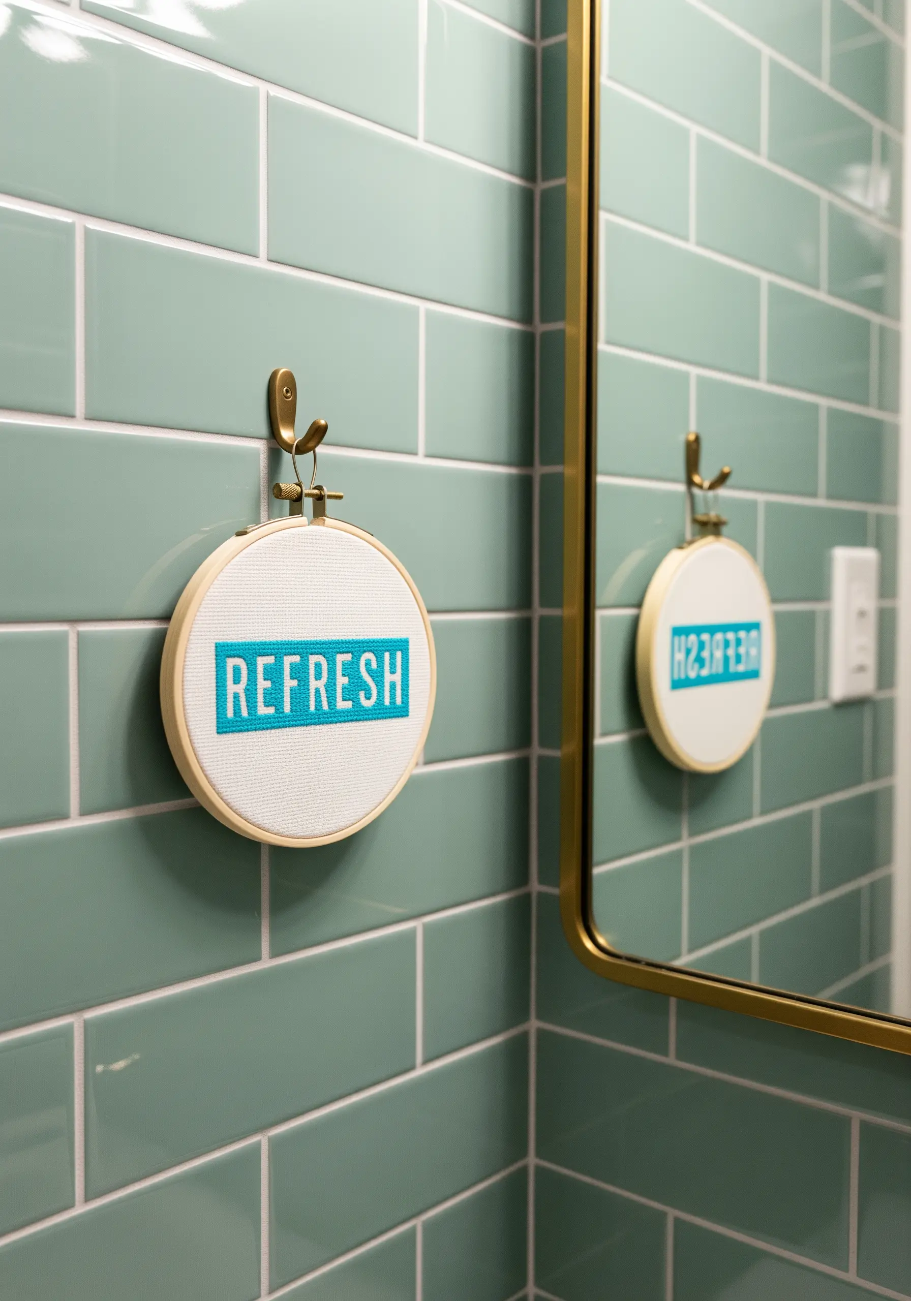 The word 'REFRESH' cross-stitched in bold turquoise letters on white Aida cloth in a hoop.