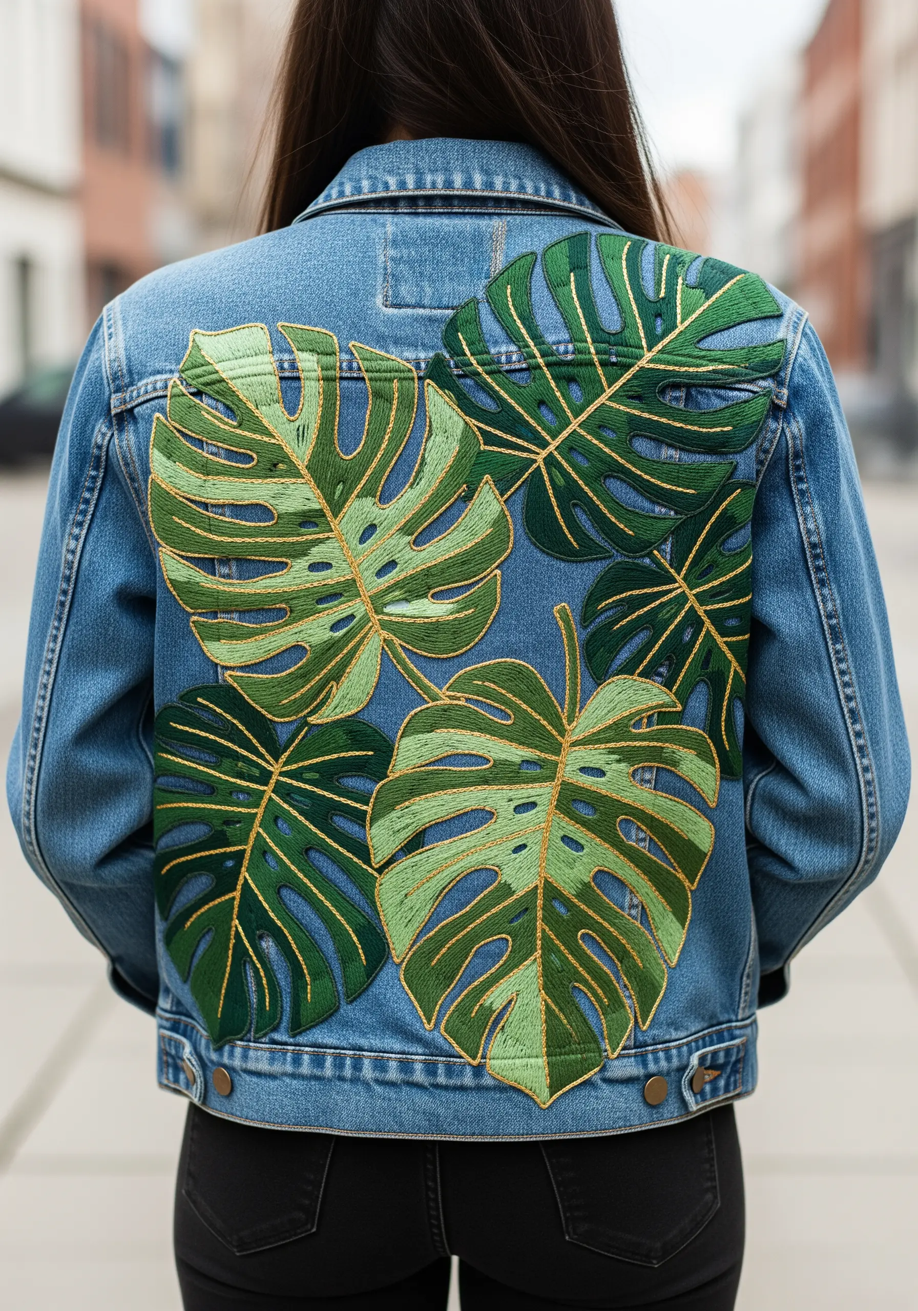 Large green monstera leaves with gold outlines embroidered on the back of a denim jacket.