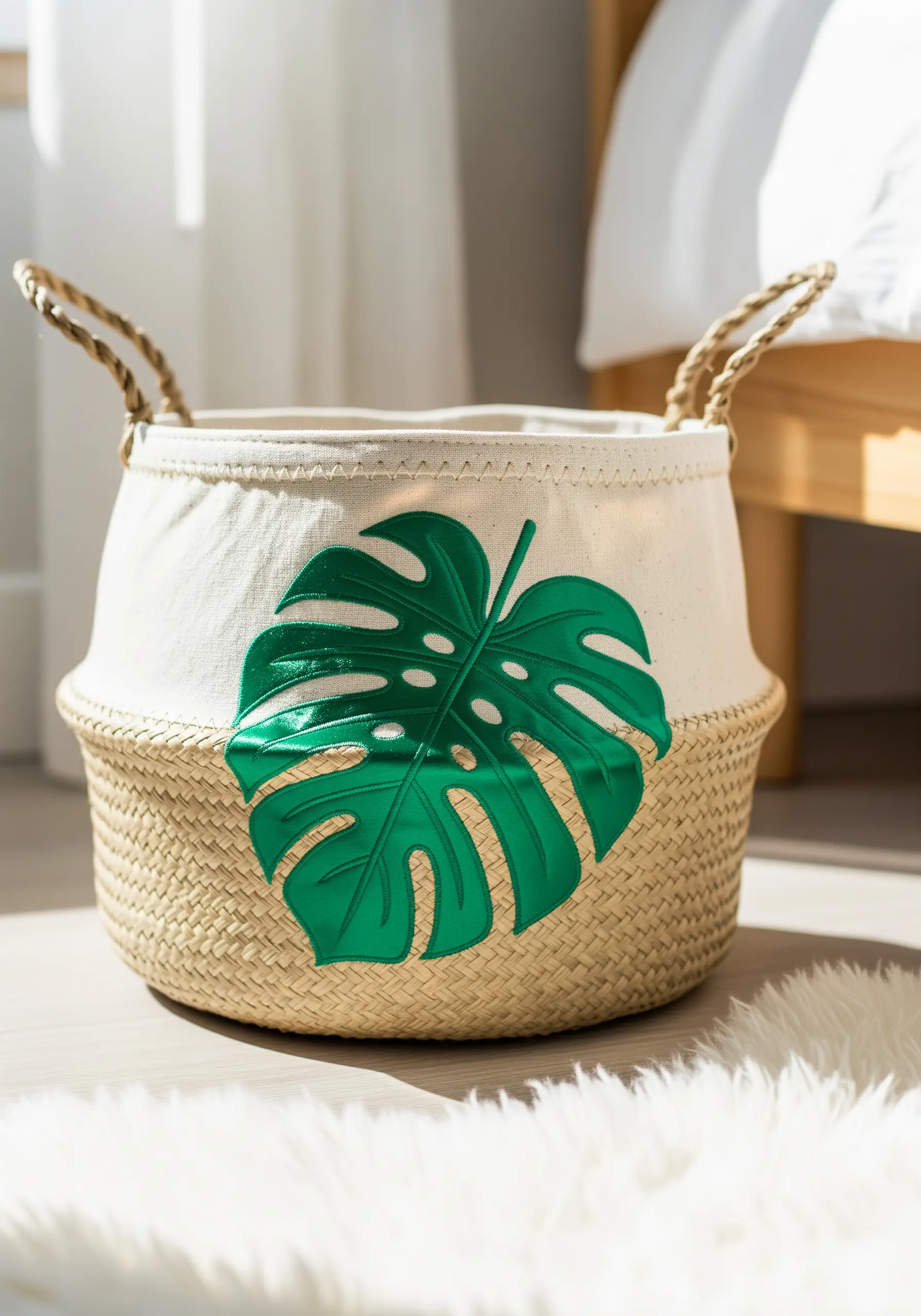 Large, satin-stitched green monstera leaf on a canvas and seagrass storage basket.