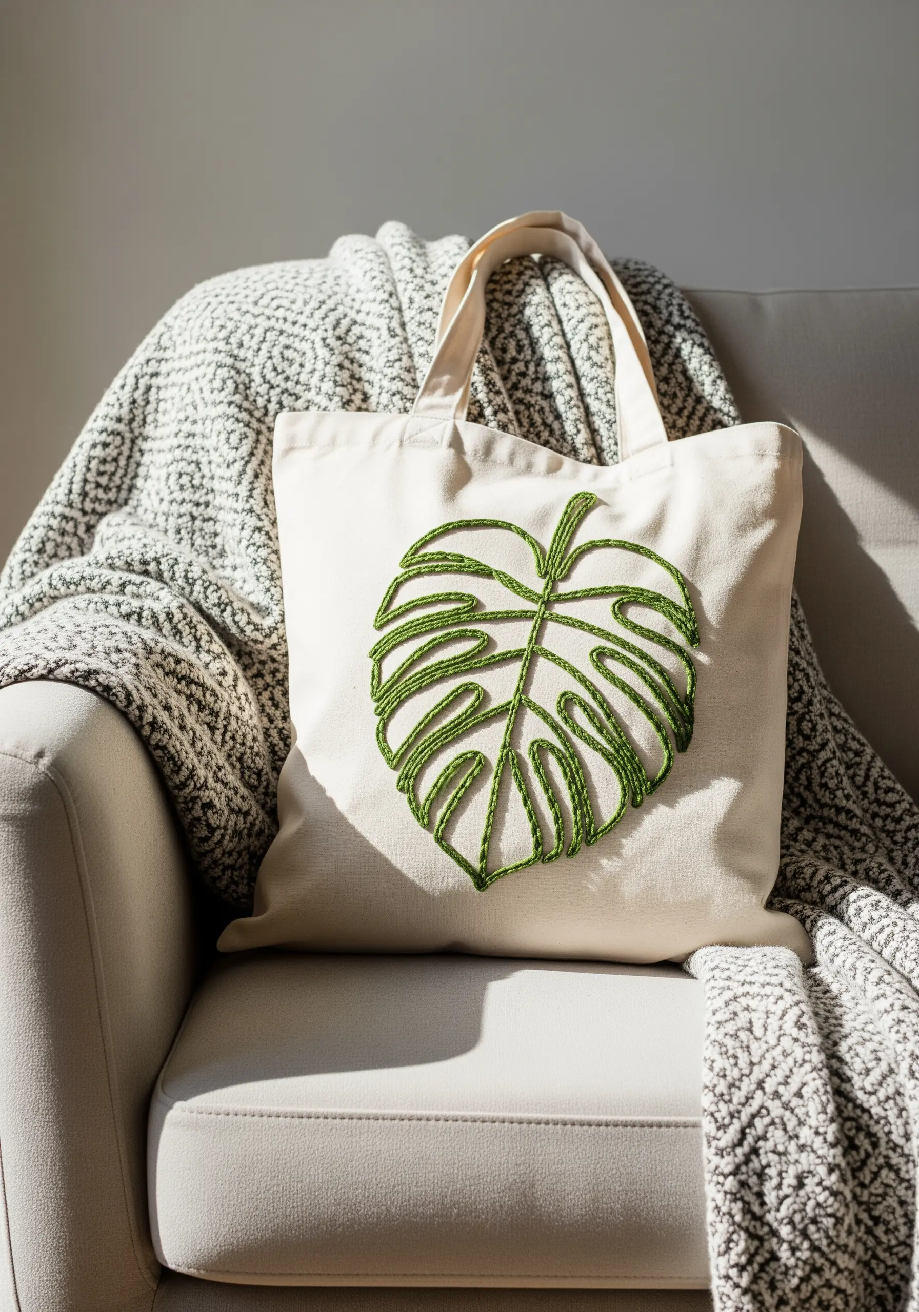 Tote bag featuring a large, raised green monstera leaf embroidered with padded satin stitch.
