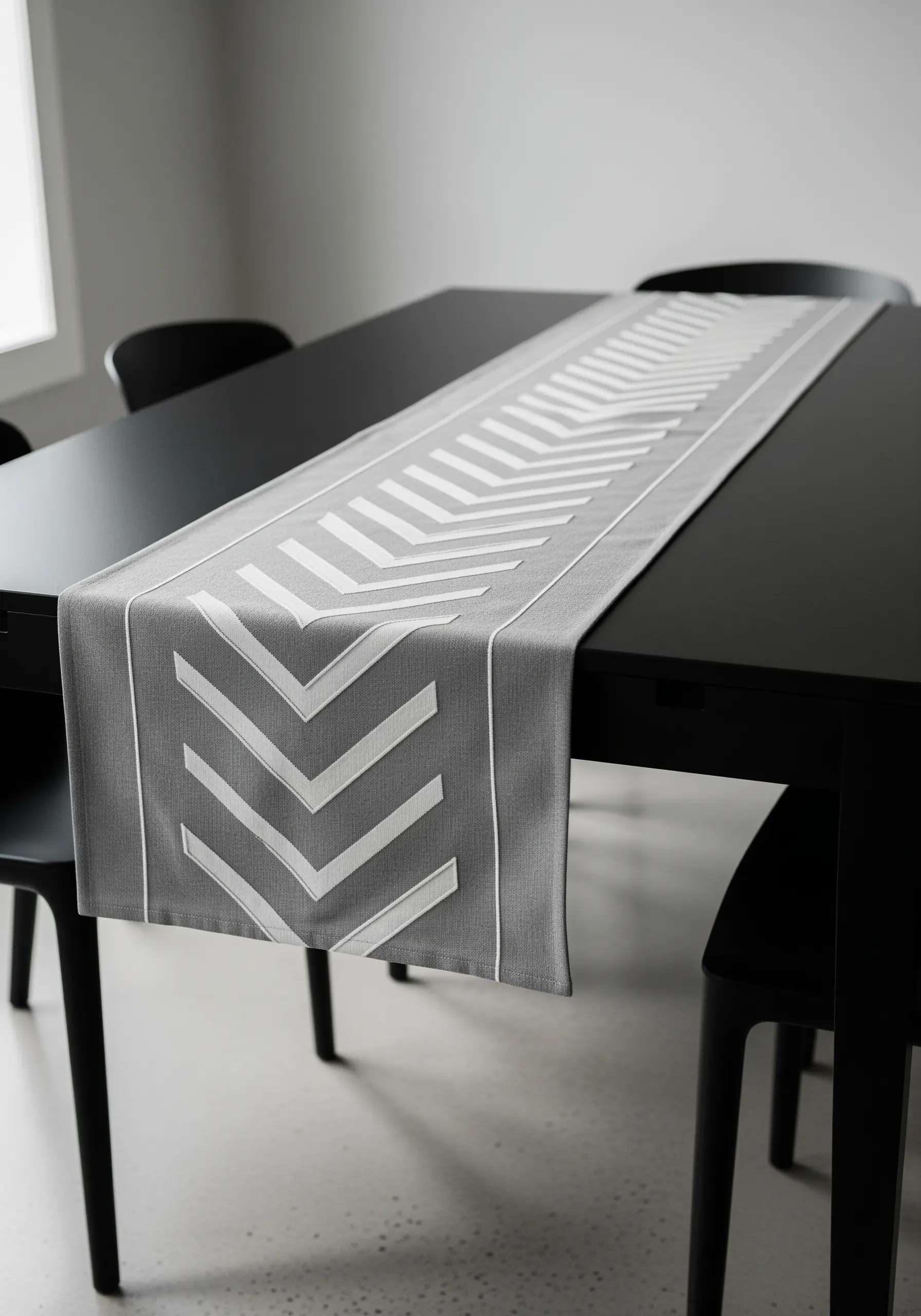 A bold chevron pattern in padded white satin stitch on a gray runner