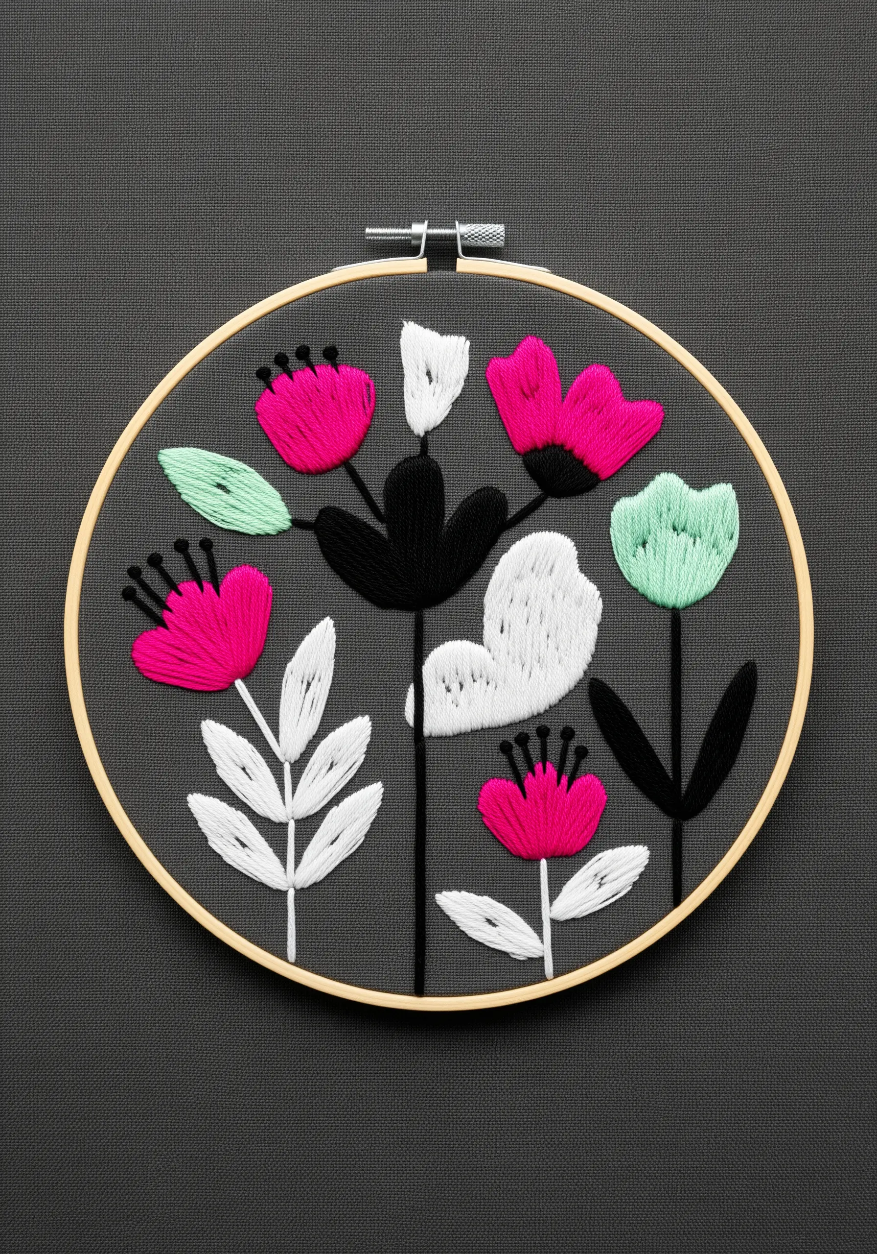 Stylized flowers in pink, white, and mint green with black stems on a dark gray background.