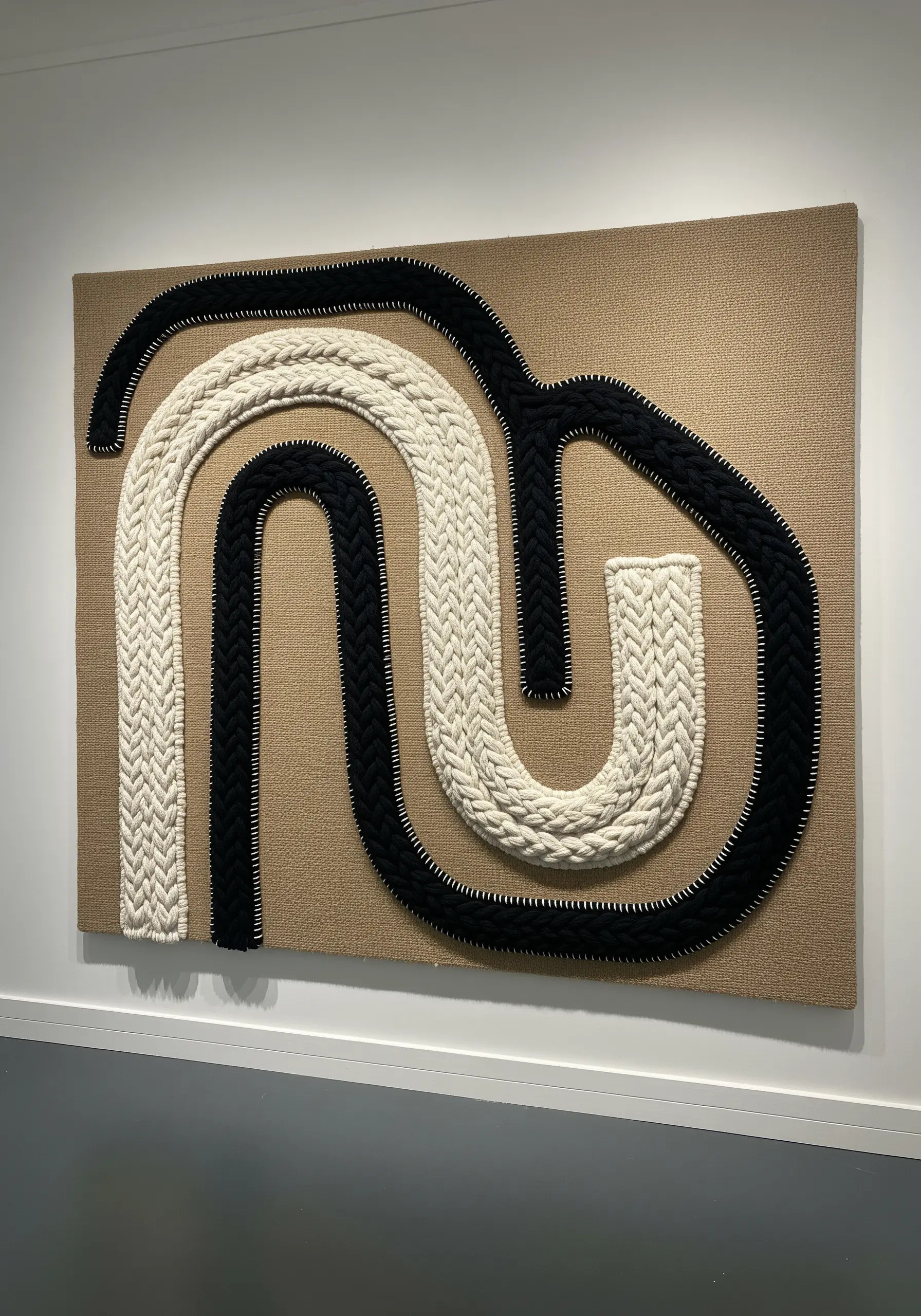 Thick black and white braided cords couched onto a tan canvas in a bold, abstract path.