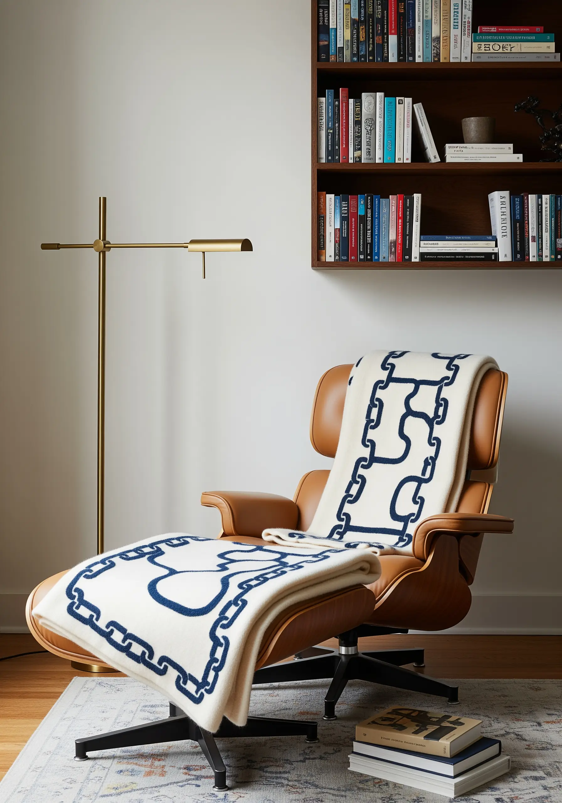 A cream-colored throw blanket featuring a bold, navy blue chain-link embroidered pattern.