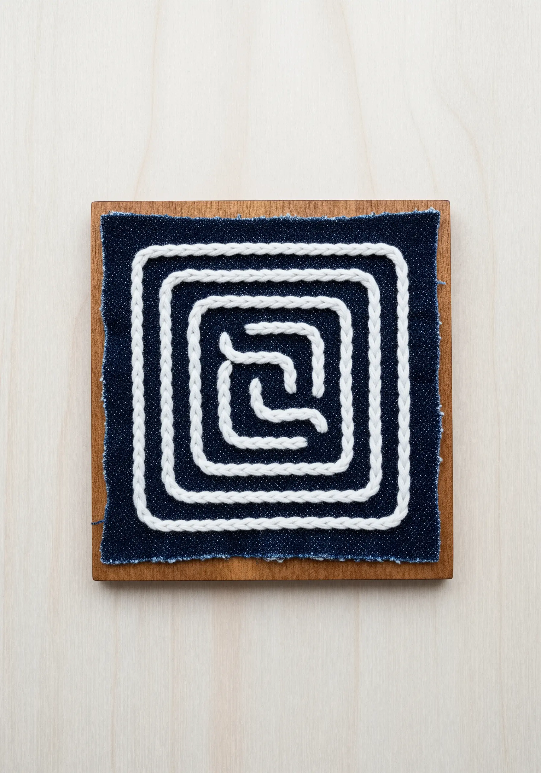 A minimalist maze pattern created with a thick white cord couched onto dark denim fabric.