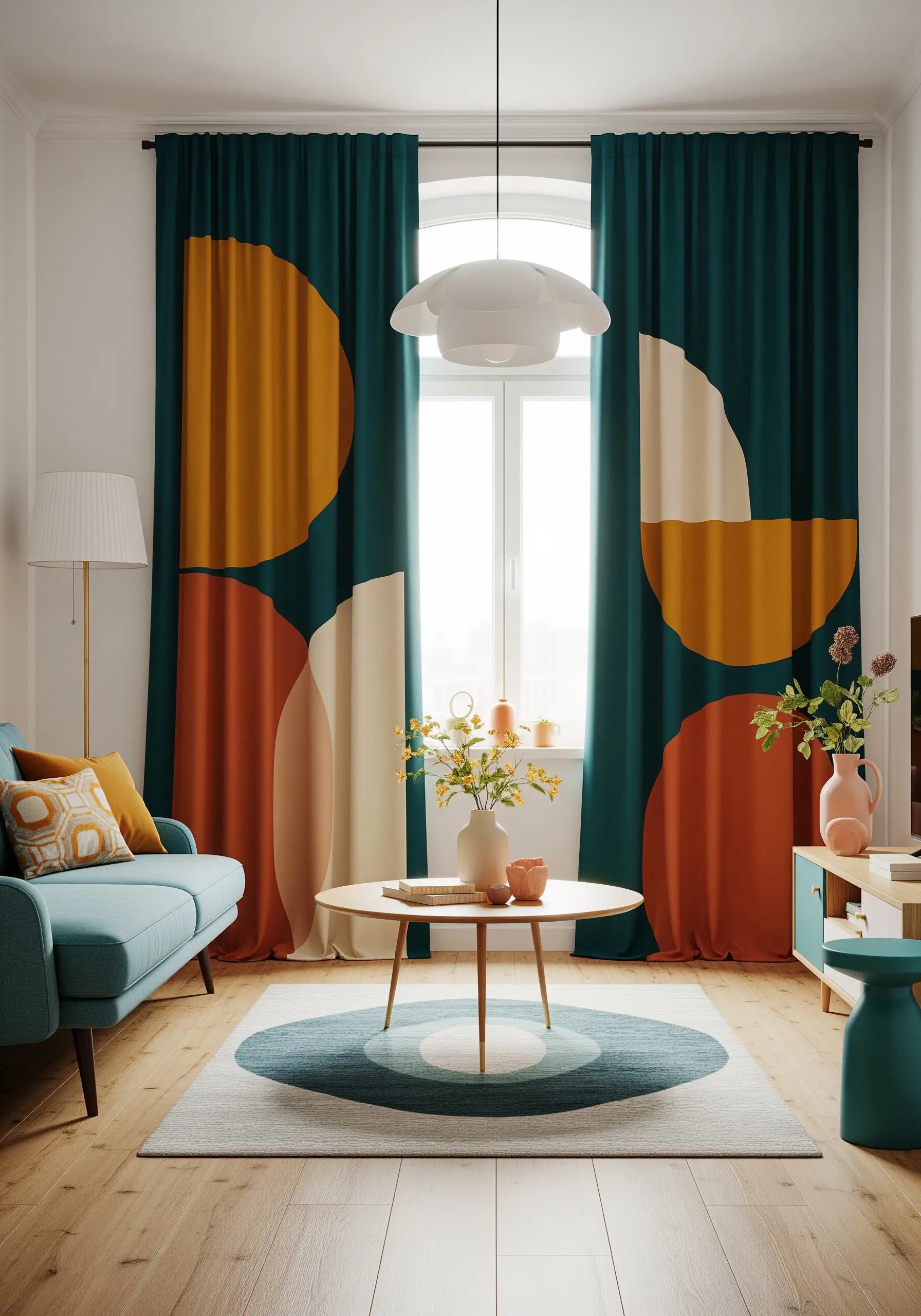 Large abstract color-block shapes in orange and cream on teal curtains.