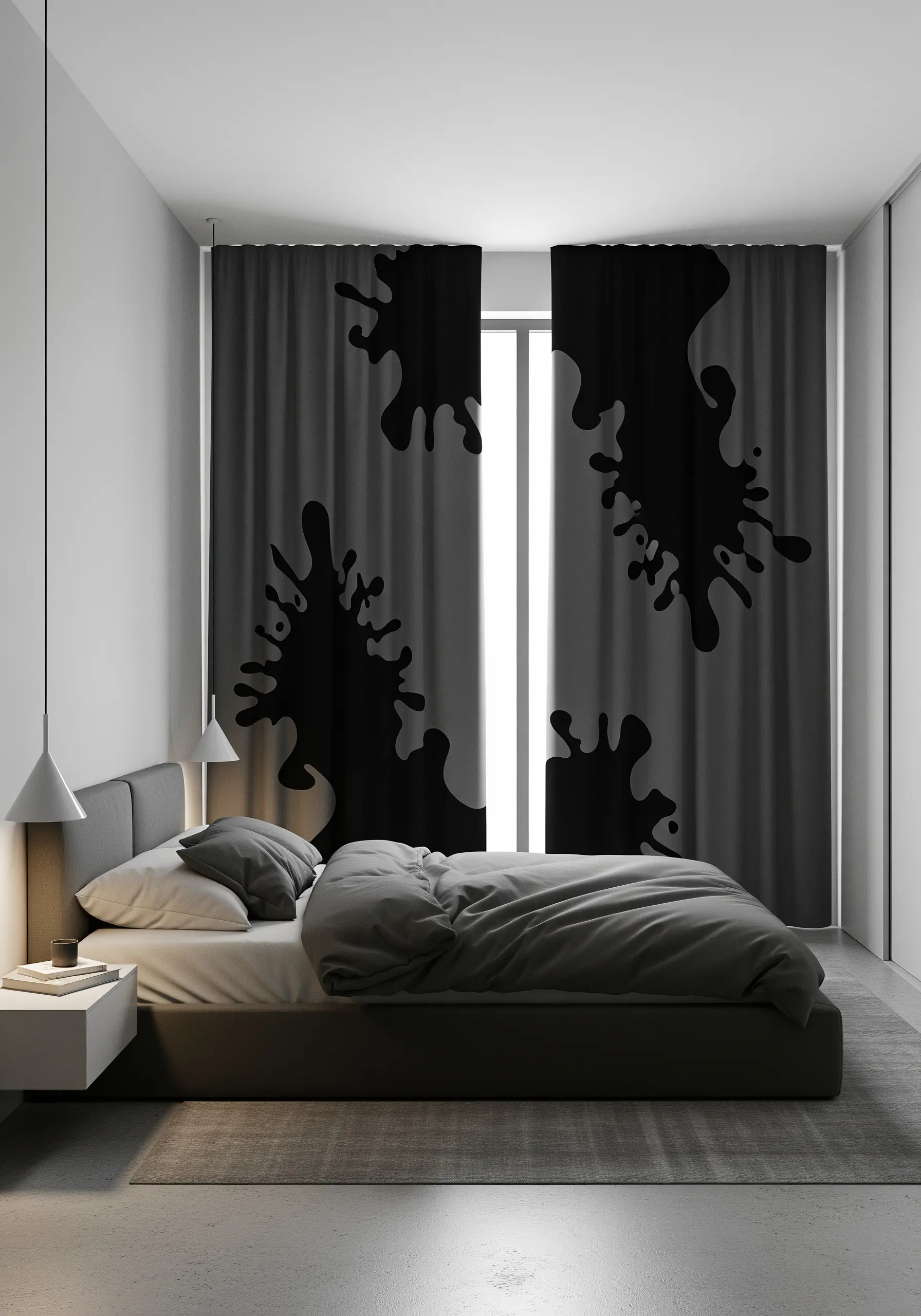 Large black ink splat shapes appliquéd onto dark grey bedroom curtains.