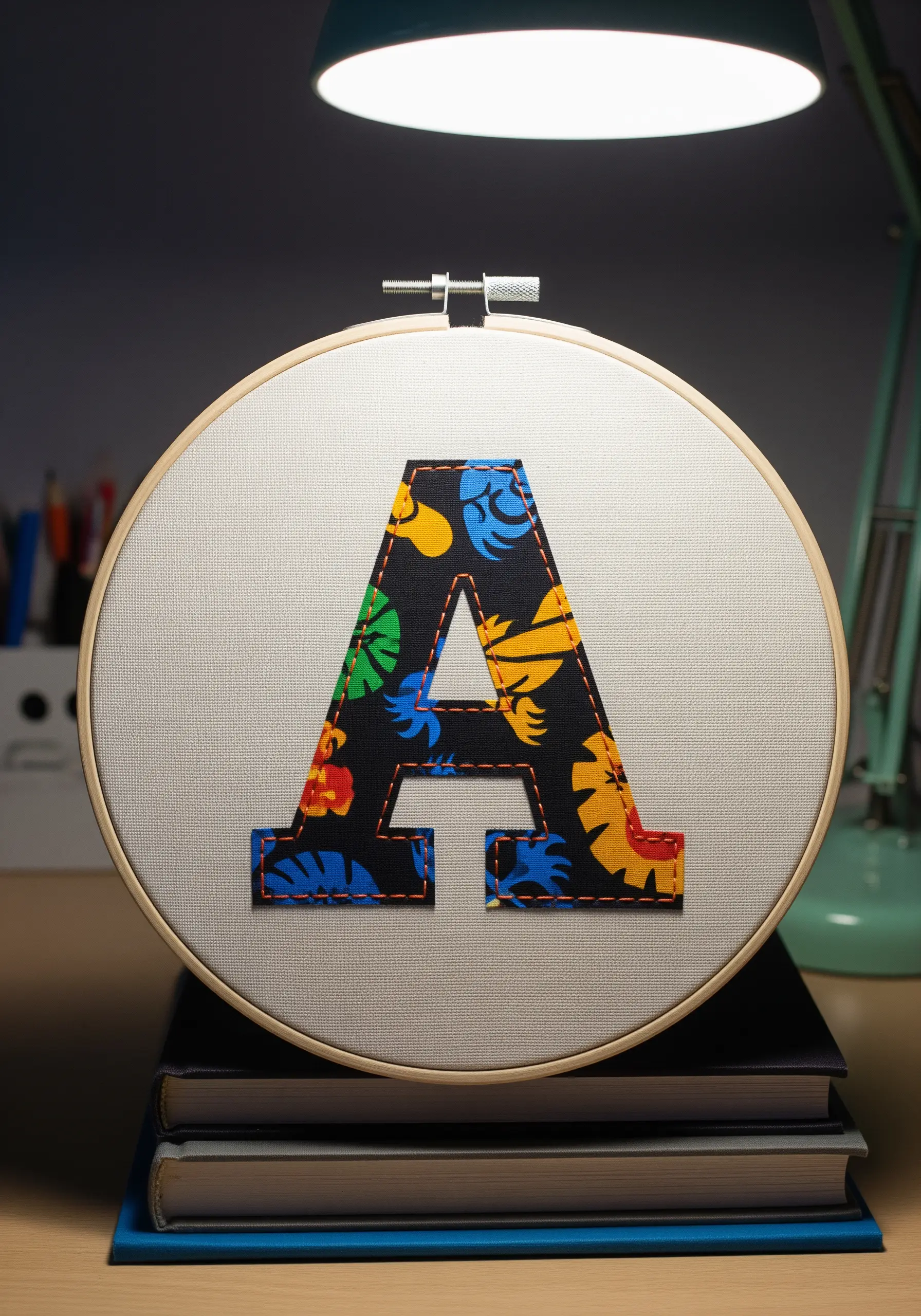A fabric collage letter 'A' with a bold floral pattern, outlined in orange running stitch.