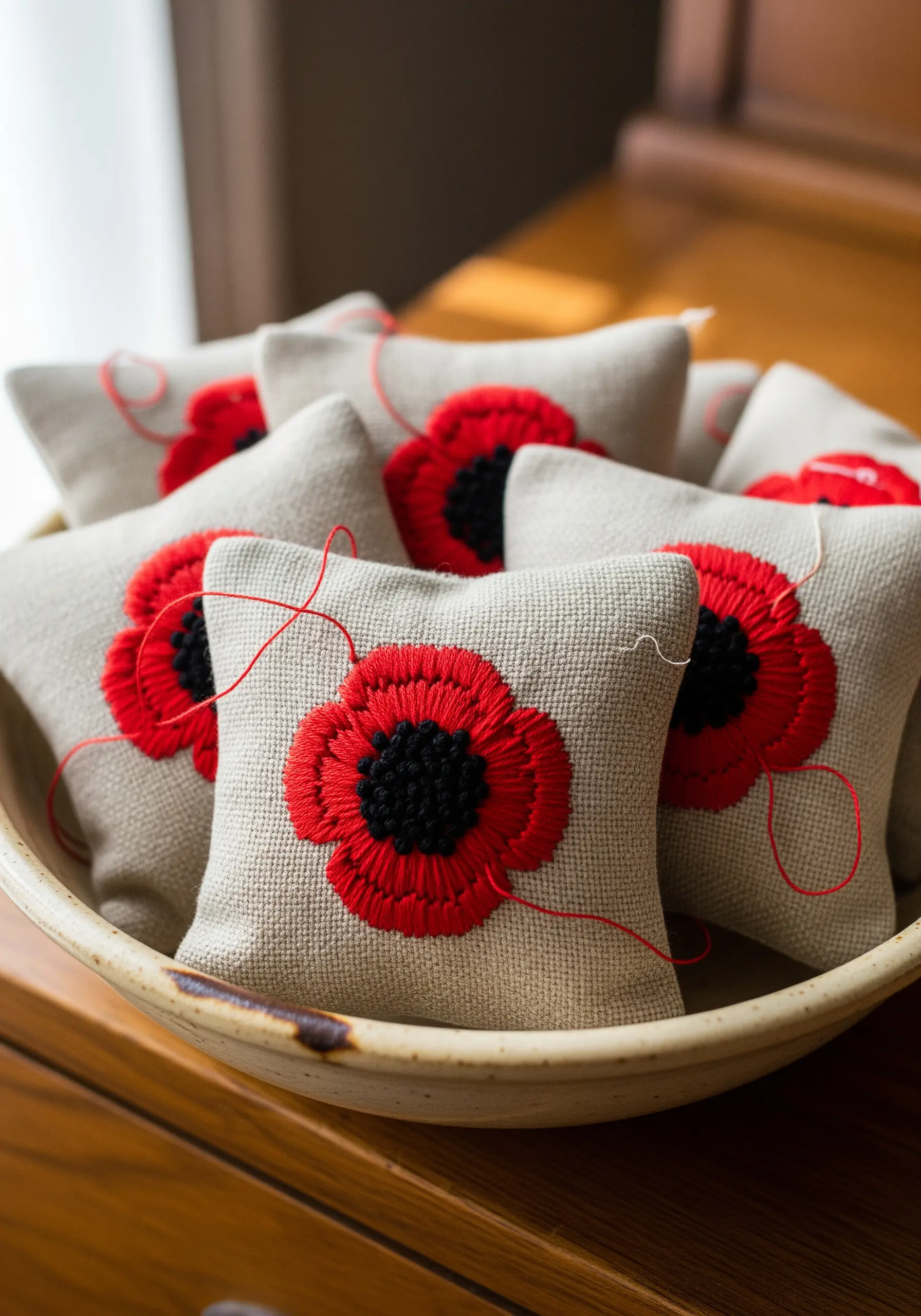 Bold red poppy motifs with black centers embroidered on small linen sachets.